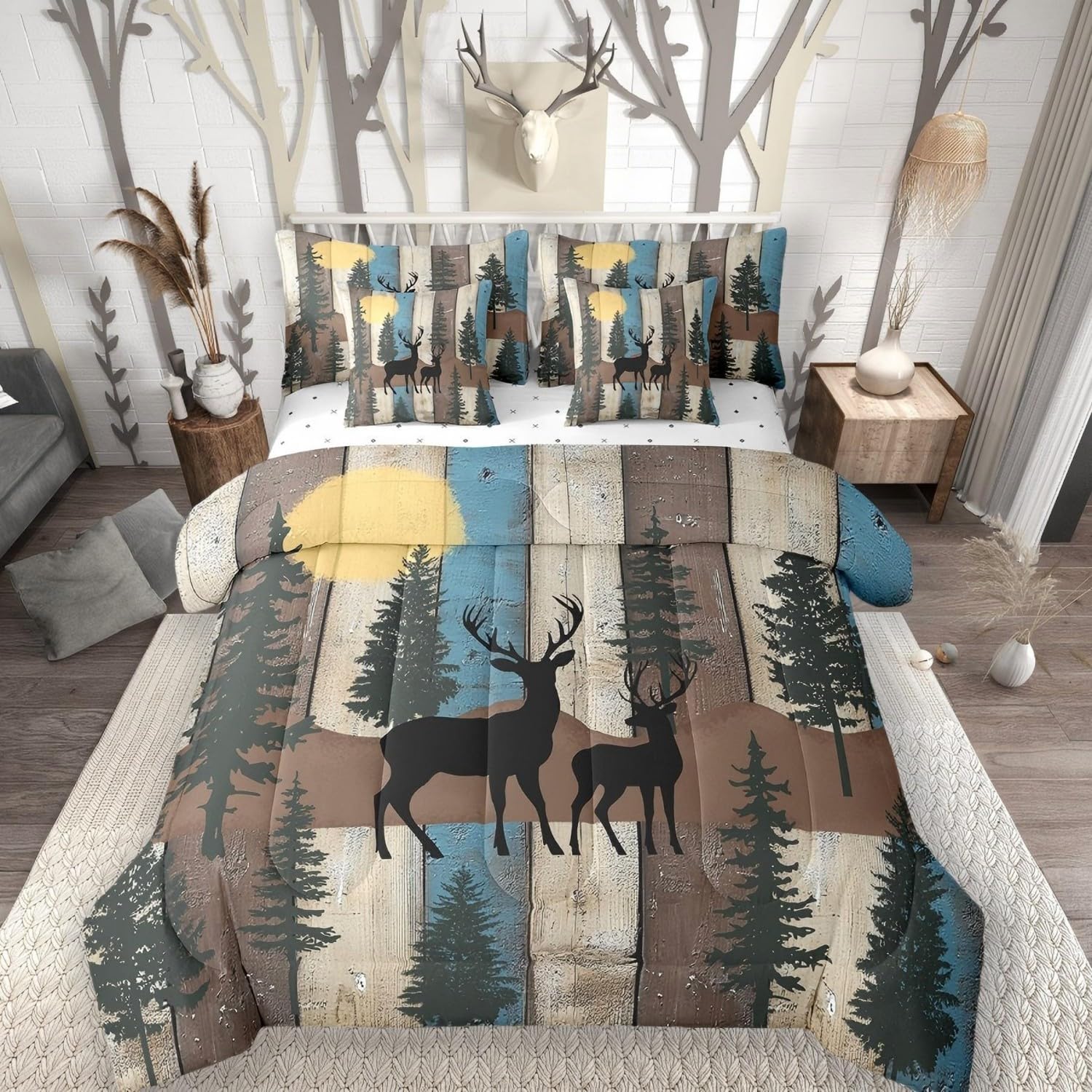 Elk Deer Comforter Set 7 Piece Bed in a Bag Twin, Farmhouse Decor Rustic Barn Door Bedding Sets Reindeer Comforter and Sheet Set, Country Lodge Cabin Woodland Animals Room Decor, Teal Brown