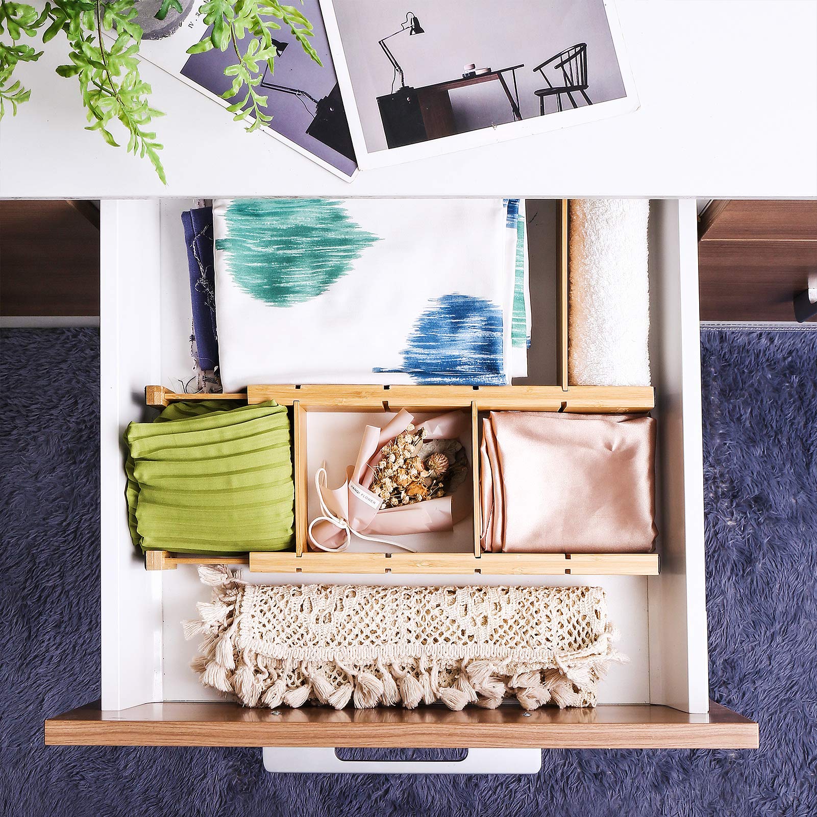 Bamboo Drawer Dividers System with 6 Inserts, Adjustable Drawer