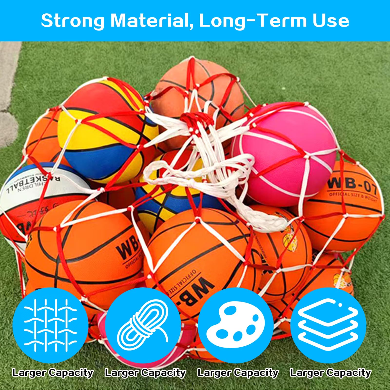 Lot de 2 filets de basket-ball, de football pour 7 à 18 balles, sac en filet de football, sac en filet portable, en nylon, multi-usages, pour basket-ball, volley-ball, football, carry net
