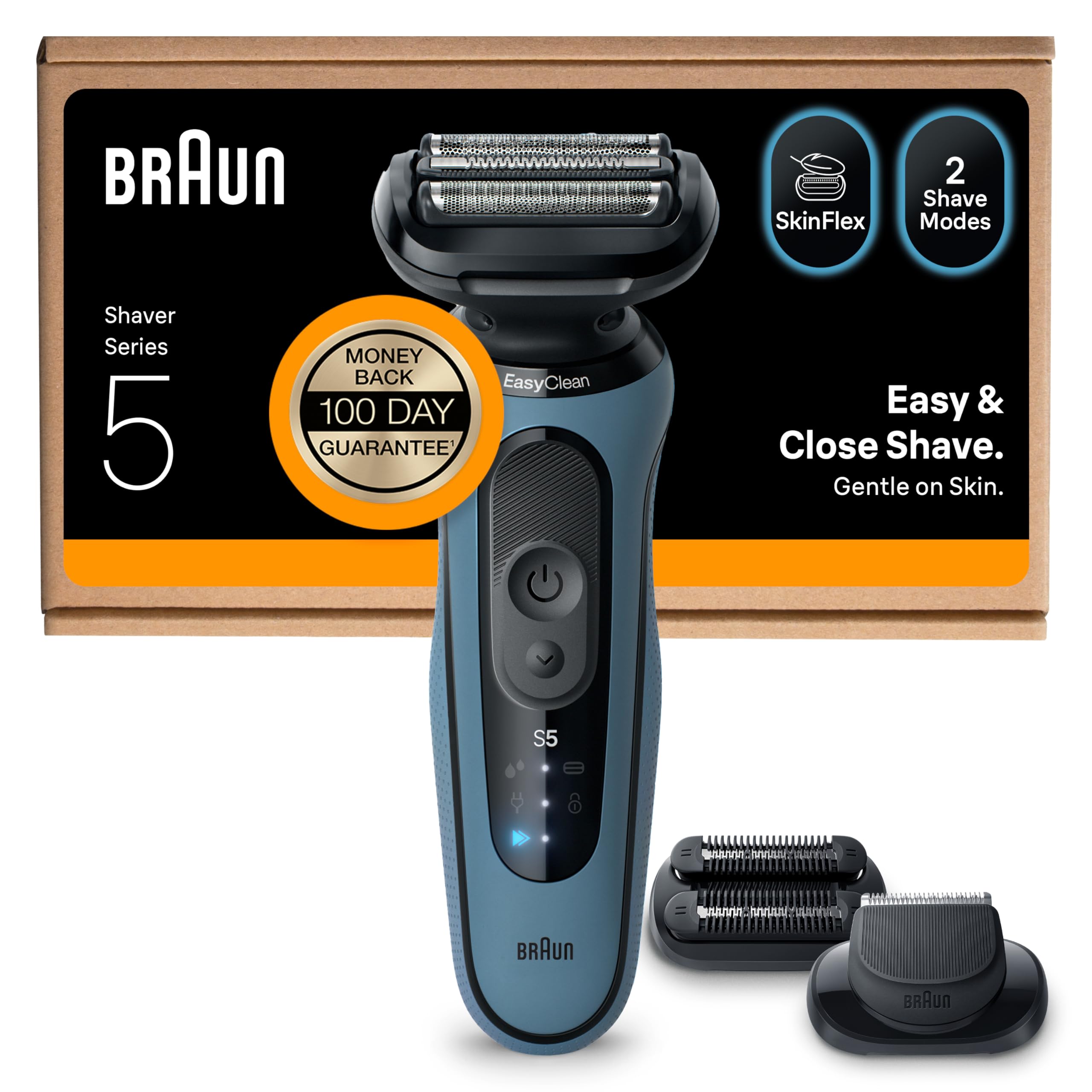 BraunSeries 5 Electric Shaver, Up to 50 min, +2 Attachments, Cordless, Wet & Dry Razor for Men, 100% Waterproof, 52-A1820SI, Azure