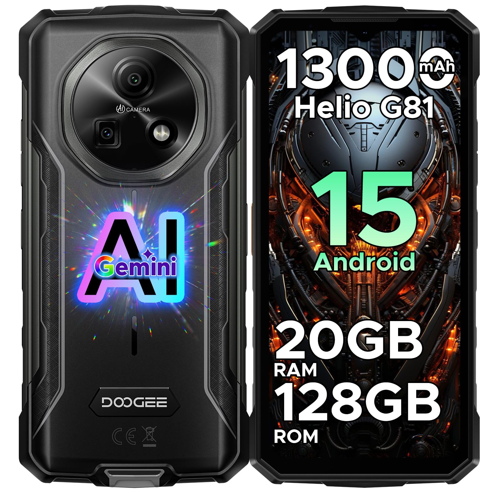 DOOGEE Fire 5 Pro Rugged Smartphone, 20GB+128GB 13000mAh Android 15 Telefono Indistruttibile, Mediatek Helio G81 Octa-core, 6.6" 90Hz Display, 13MP+8MP, NFC/Triple Card Slot/Face ID/GPS/IP68/IP69K