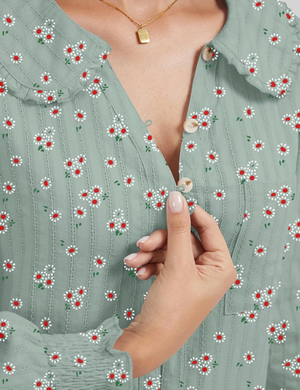 LOMON 100% Cotton Blouses for Women Button Down Shirts Cute Collared Shirt Casual Long Sleeve Tops Work Clothes - Image 2