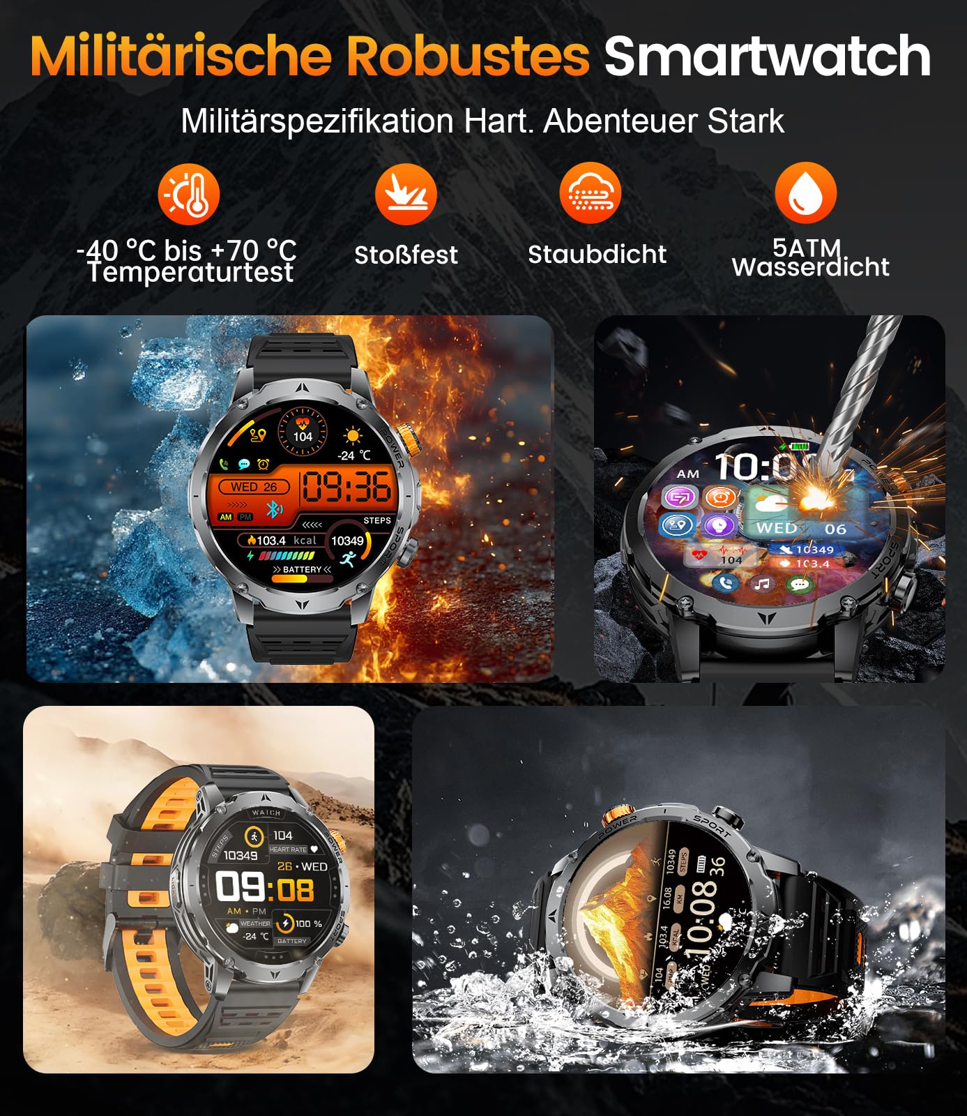 LIGE Smartwatch Herren mit 1000mAh Akku/1.7'' HD Große Display,Militär Smartwatch mit Taschenlampe/Bluetooth Anrufe/120+ Sportmodi,IP68 Wasserdicht Fitnessuhr Herzfrequenz/Schlafmonitor,Stahlschwarz