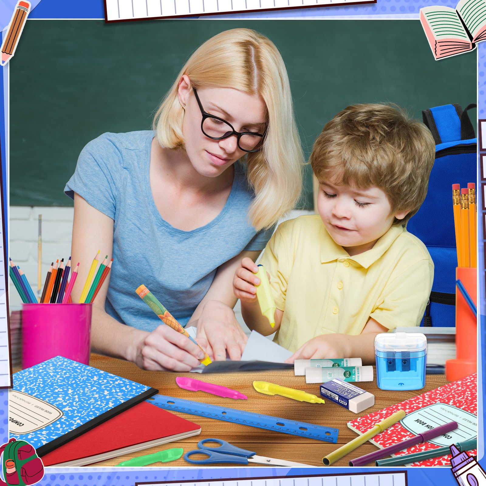 Gilprop Confezione da 68 articoli per il rientro a scuola per bambini, studenti K-8, kit di forniture per la scuola elementare e media, accessori essenziali, penne, quaderni, cancelleria per