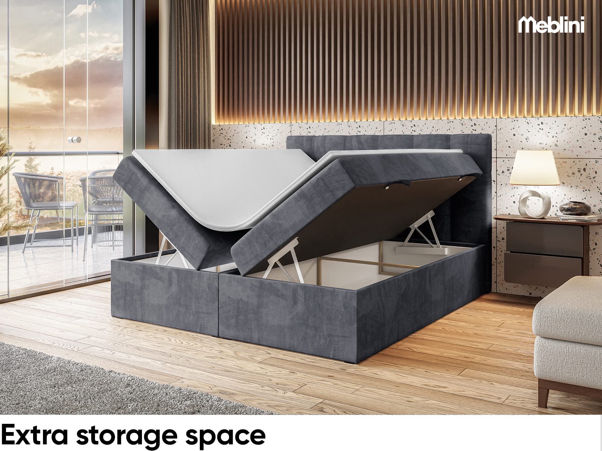 MEBLINI Boxspringbett mit Bettkasten - Gepolstert Doppelbett mit Matratze und Topper - Polsterbett mit Stauraum - Bett mit Kopfteil - Stauraumbett - RACO - 160x200 - H4/Dunkelgrau Samt