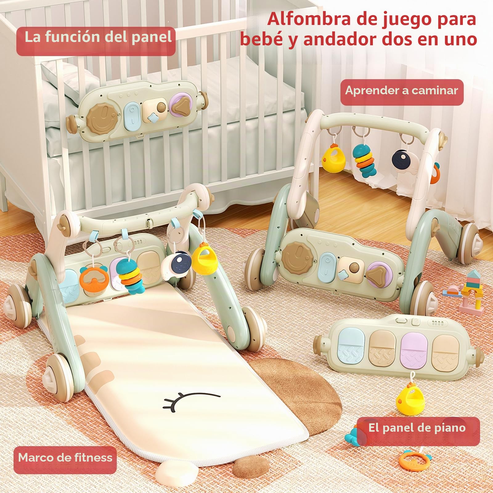 JOVOW Gimnasio para Bebés 2 en 1 con Andador de Aprendizaje, Colchón de Juego para Bebés con Panel de Piano de Juego Multifuncional de Doble Cara, Andador de Aprendizaje para Bebés de 0 a 36Meses