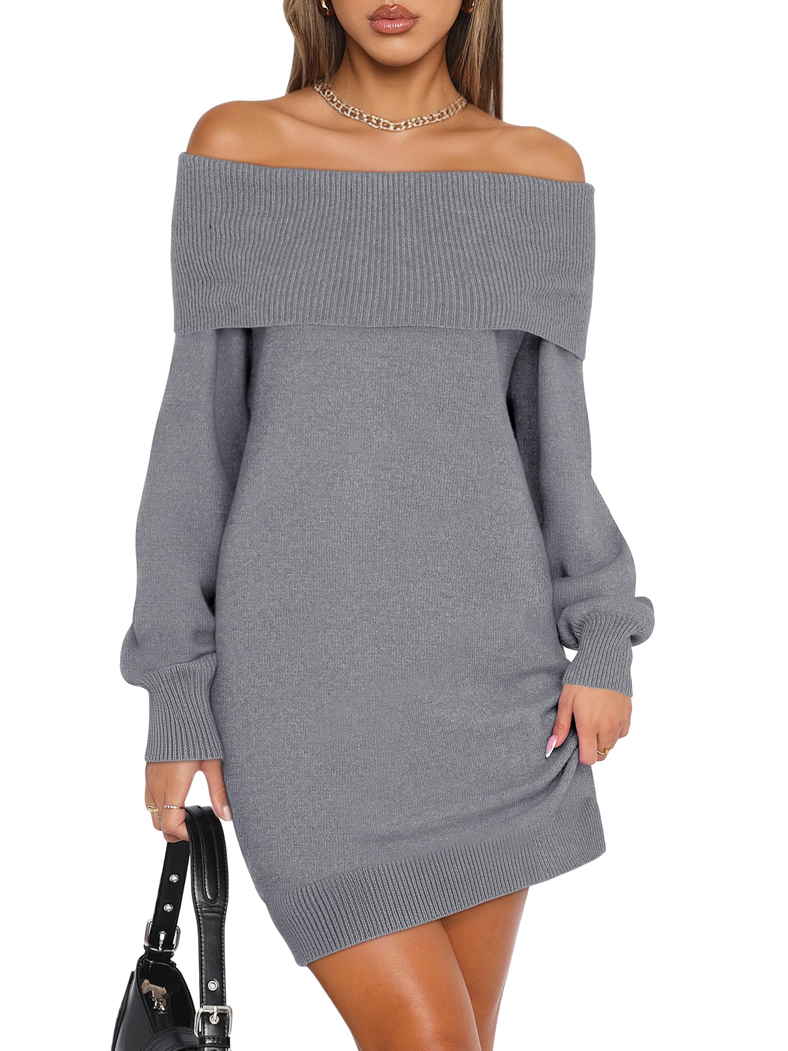 ANRABESS Womens Off The Shoulder Sweater Dress Casual Loose Knit 2025 Fall Winter Trendy Long Sleeve Pullover Mini