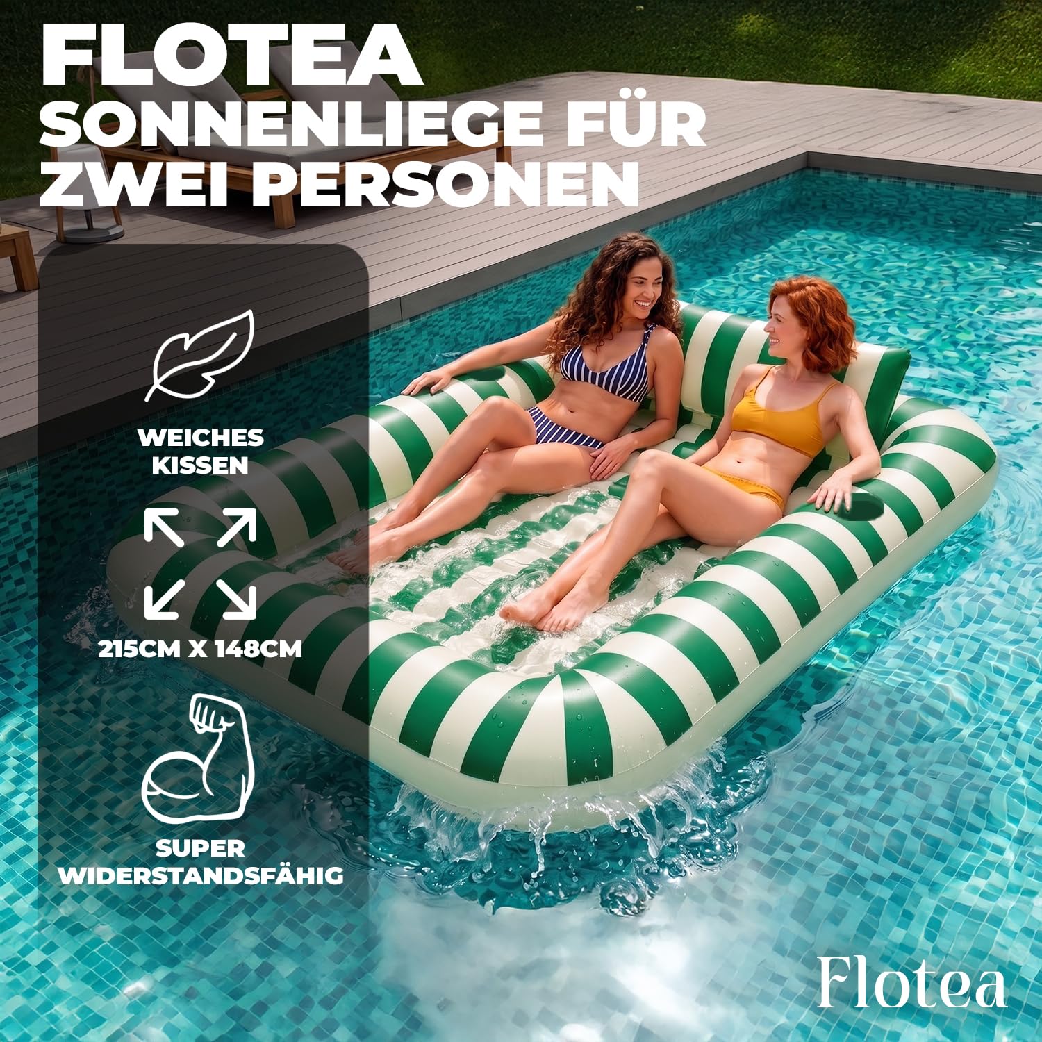 Flotea® Aufblasbare XXL Pool-Luftmatratze für Erwachsene 2 Personen | Schwimmmatratze mit Kissen und Getränkehaltern | PVC 215 x 148 cm | Pool, Strand, Meer & Urlaub | Original Corner