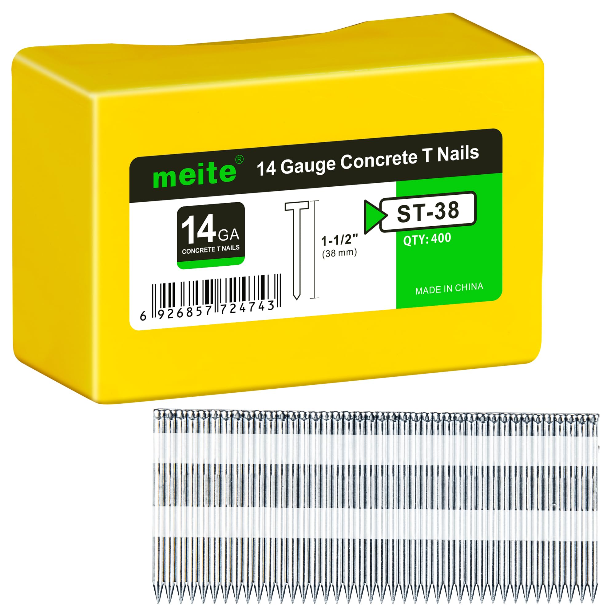 meite 14 Gauge Concrete Nails 1-1/2 Inch 8,000pcs Galvanized Hardened T-Nails for Electric or Pneumatic Nailer Gun - Wood-to-Concrete & Block & Steel, No-Bend (400PCS x 20 Boxes)