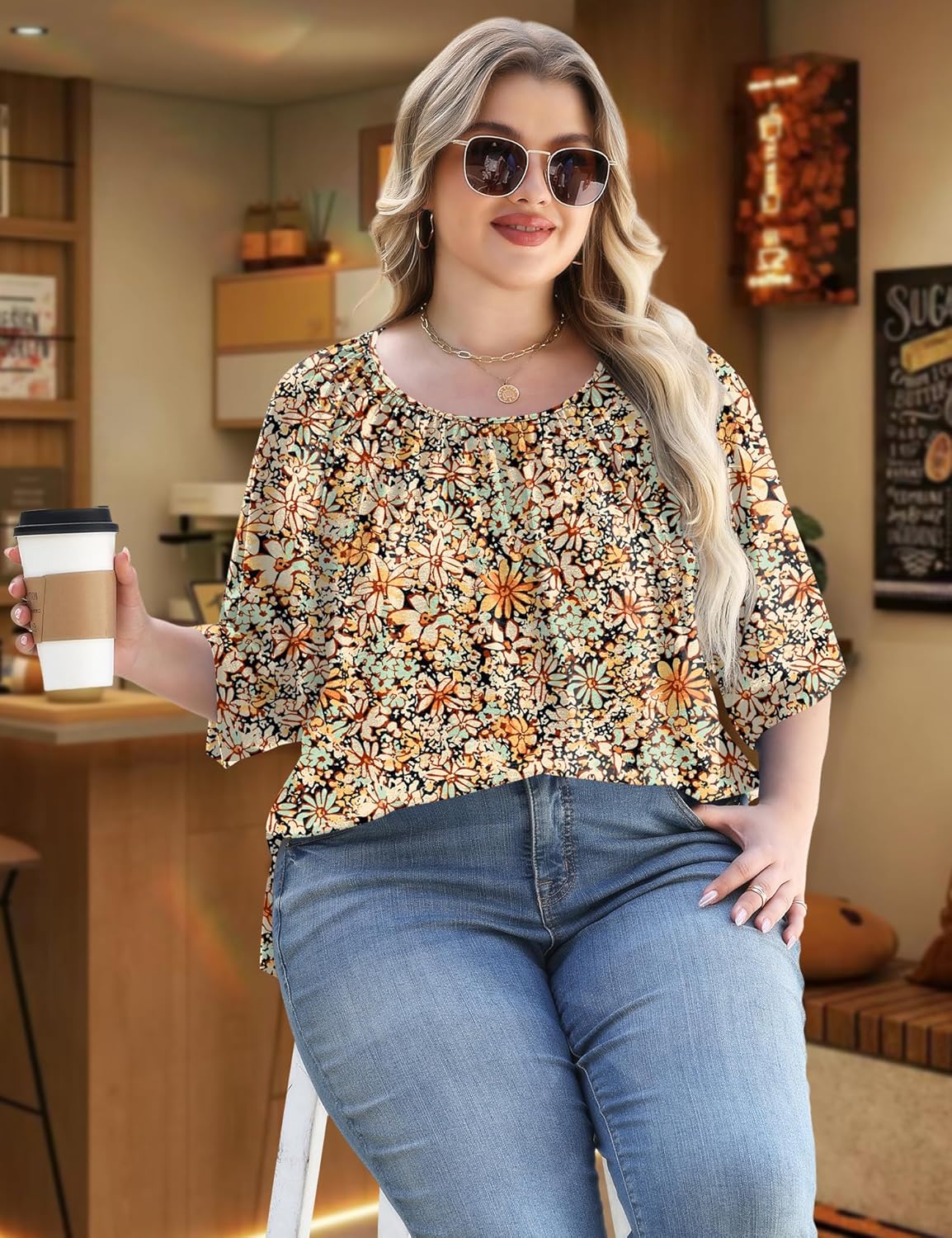 LOMON Womens Plus Size Tops Summer 3/4 Length Sleeve Crewneck Blouses Dressy Casual Loose Curvy Flowy Tunic Shirts 1X-5X - Image 6