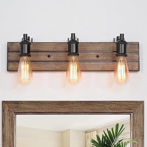 Miniatura 1 de LOG BARN Lámparas de baño, 3 luces de tocador de granja para baño, luces rústicas de madera sintética para baño, luces de iluminación sobre espejo