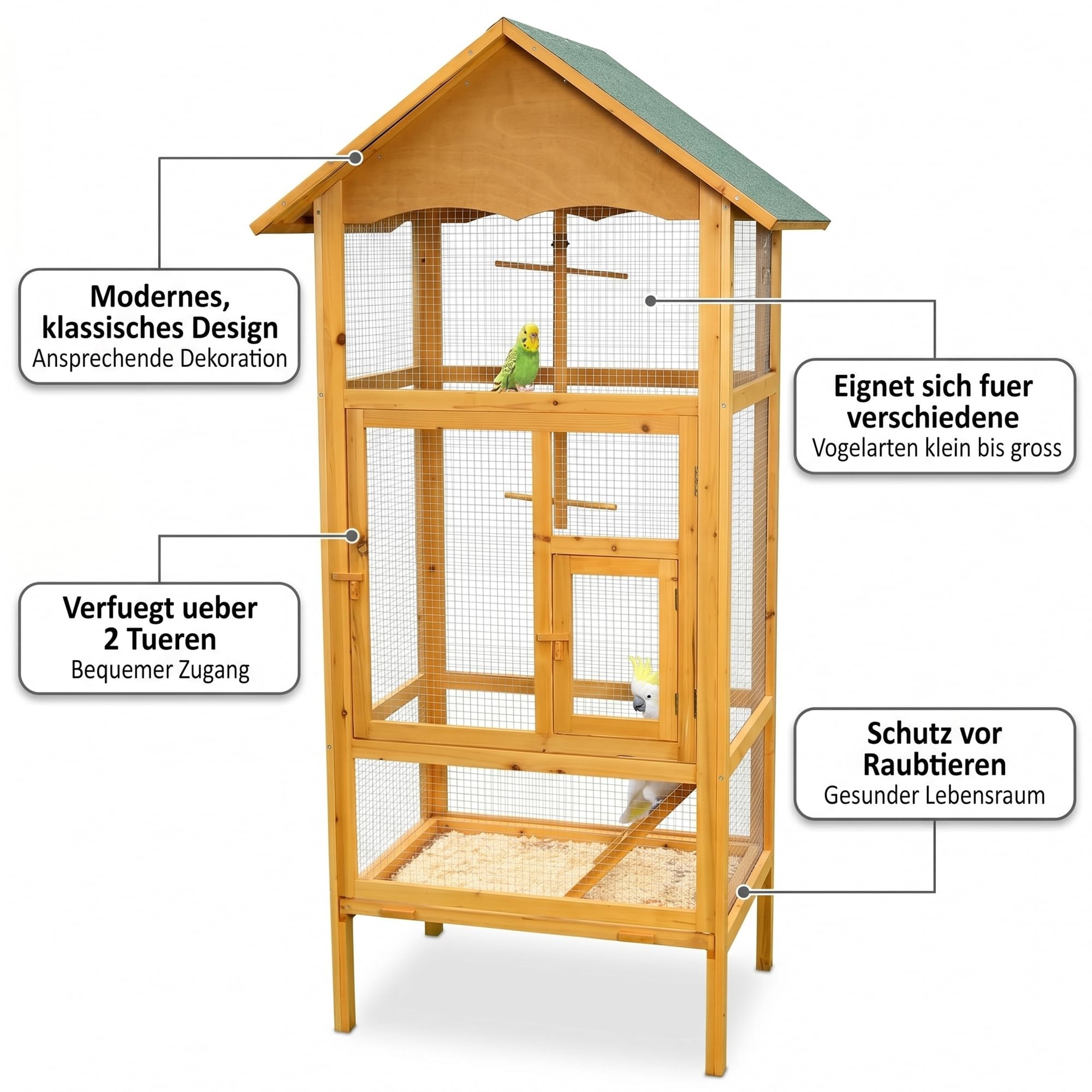 Mucola Vogelvoliere Holz großer Vogelkäfig mit 2 Türen Vogelhaus mit Sitzstangen, Leiter und Kotschublade Außenvoliere 74 x 74 x 194 cm Zuchtkäfig Vogelhaus
