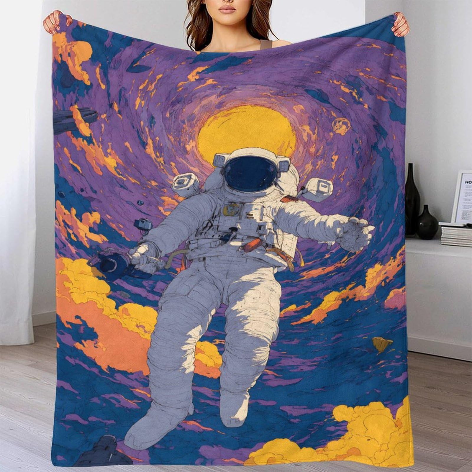 Farbechtes Weltraum Planeten Galaxie Sci-Fi Muster Flanell Fleece Decke, Astronauten Weltraum Mission Weicher Plüsch Bettüberwurf Für Wohnen, 80x90inch(200x230cm)