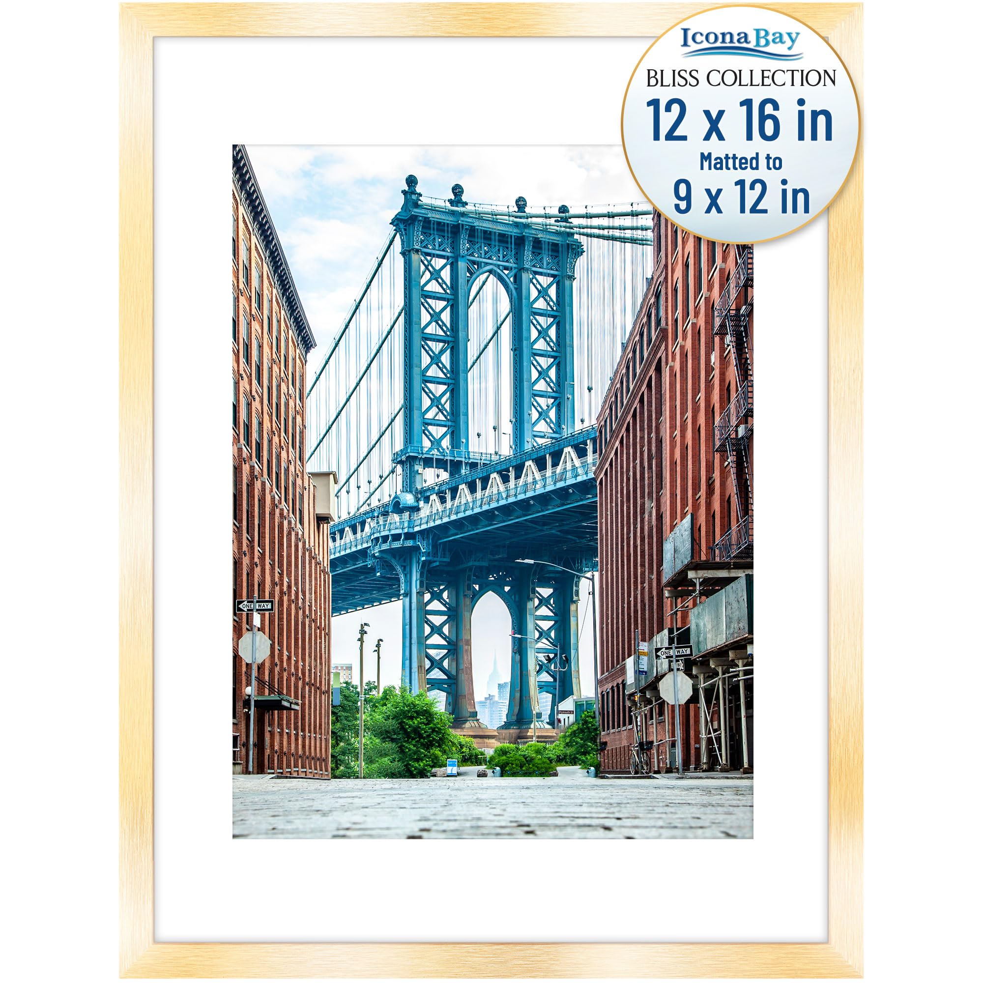 Icona Bay - 12x16 Gold Picture Frame with Removable Mat to 9x12 Photo - Modern Style Engineered Wood Poster Frame - Wall Mount Only - Bliss Collection — image 1