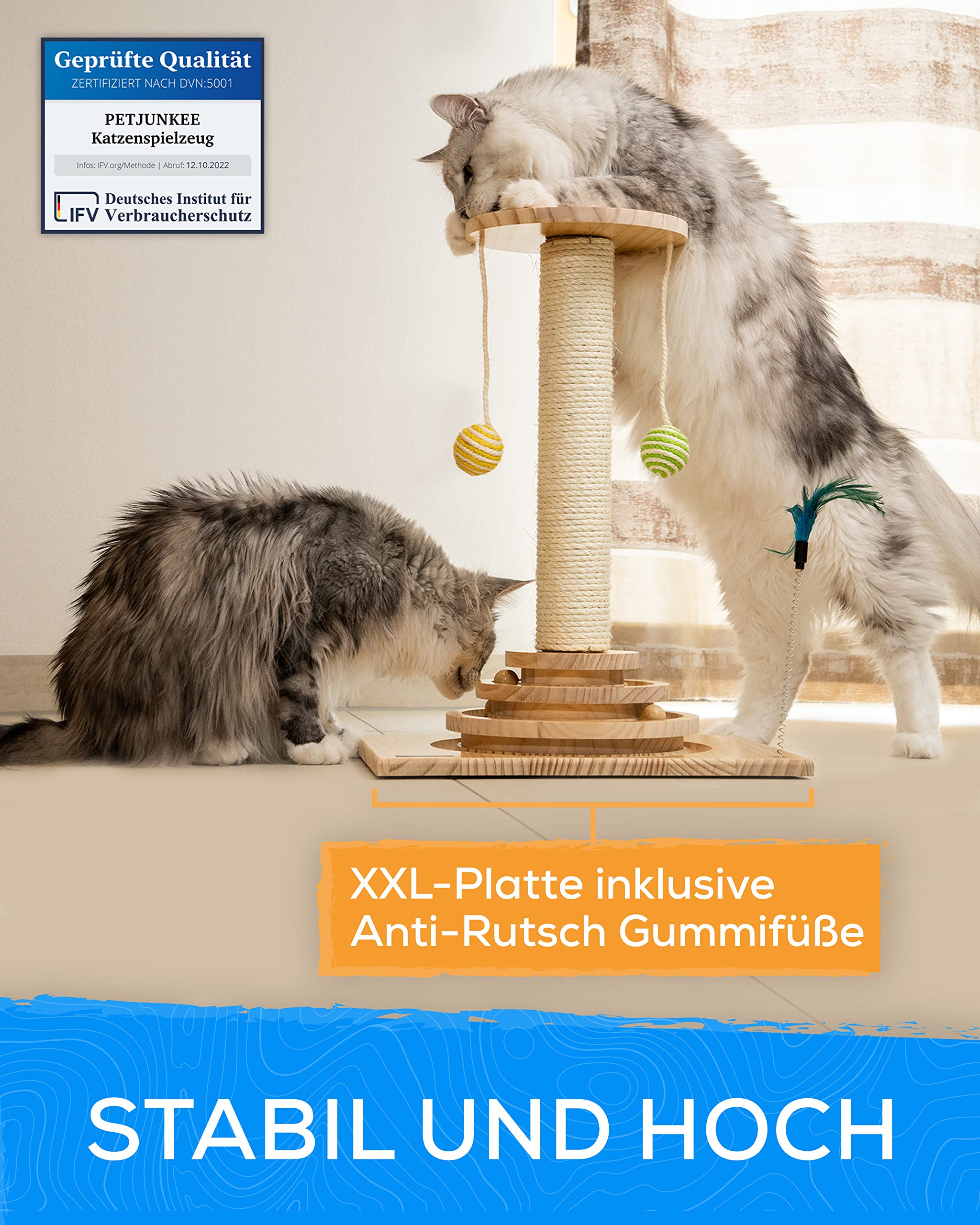 Kratzstamm für Katzen - Interaktives Katzenspielzeug mit 40cm-hoher Kratzsäule, Feder & Rasselbällen - Kratzbaum klein - Katzen Kratzmöbel