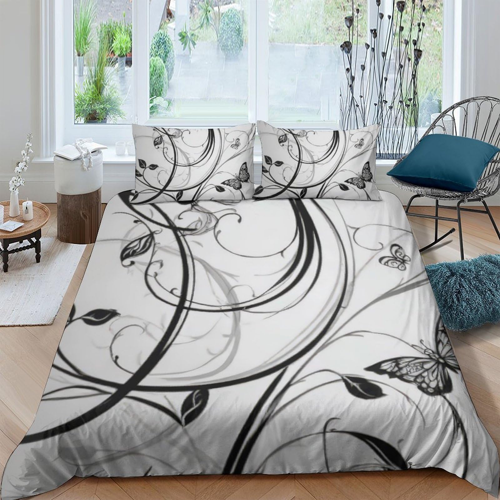 GPLZQXKJNH 3D Printed Black White Butterfly Floral Duvet Cover Microfiber Soft Breathable Swirl Bedding Set with 2 Pillowcases for Bedroom Home Decor Single（135x200cm）