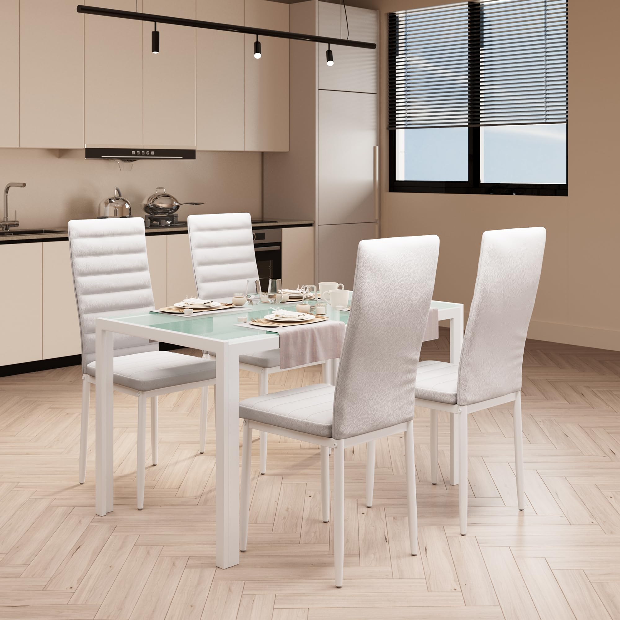 Bealife Set Tavolo e Sedie da Pranzo, 4 Sedie Confortevoli, Tavolo in Vetro Temperato, per Cucina, Stanza da Pranzo e Soggiorno (4 sedie, bianca)