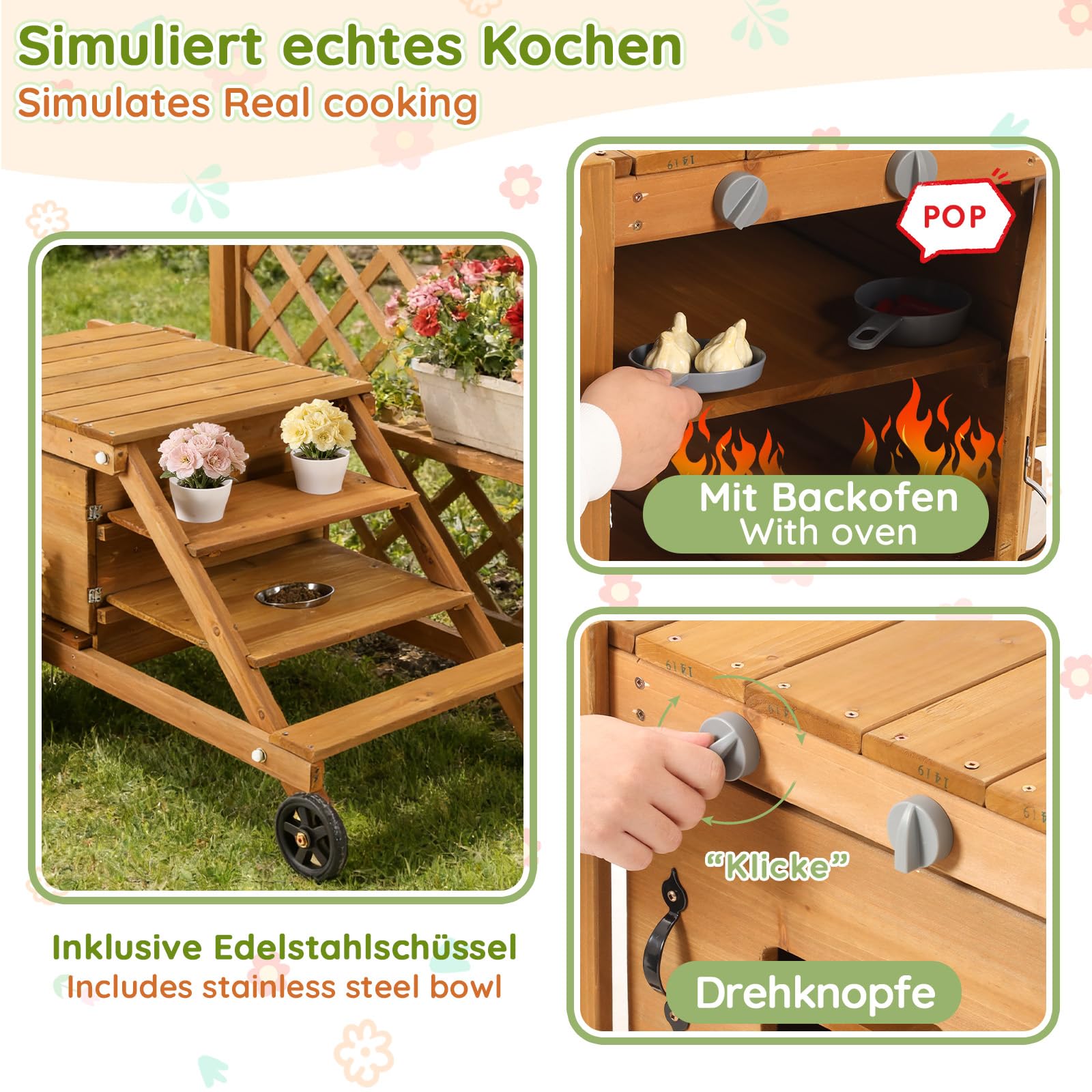 Gecheer Kinderküche Outdoor, Rollen, Zubehör, Holz, ab 3 Jahren, für Garten, Rollenspiel