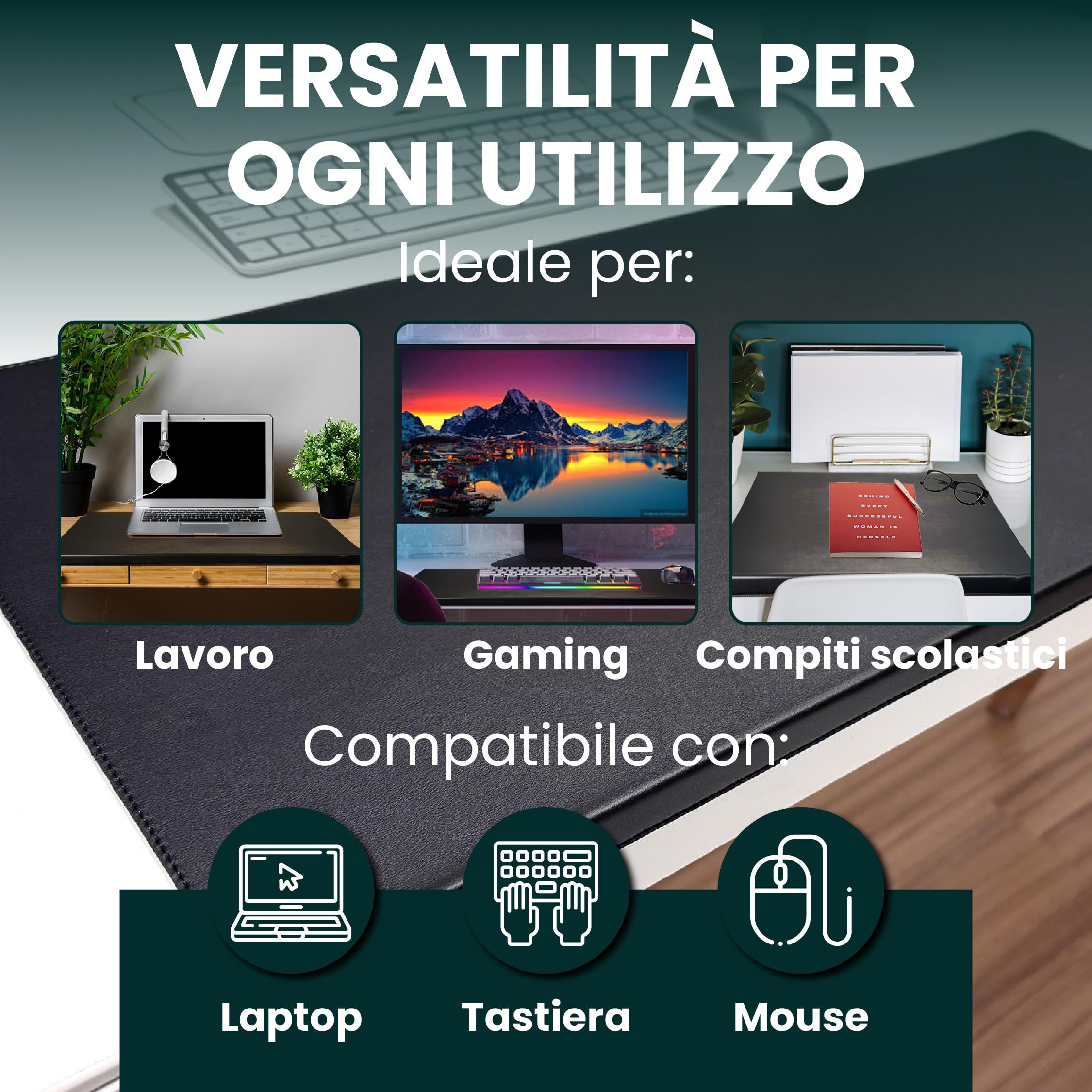 Tappetino da scrivania similpelle 80x40 cm impermeabile antiscivolo bordo 90°