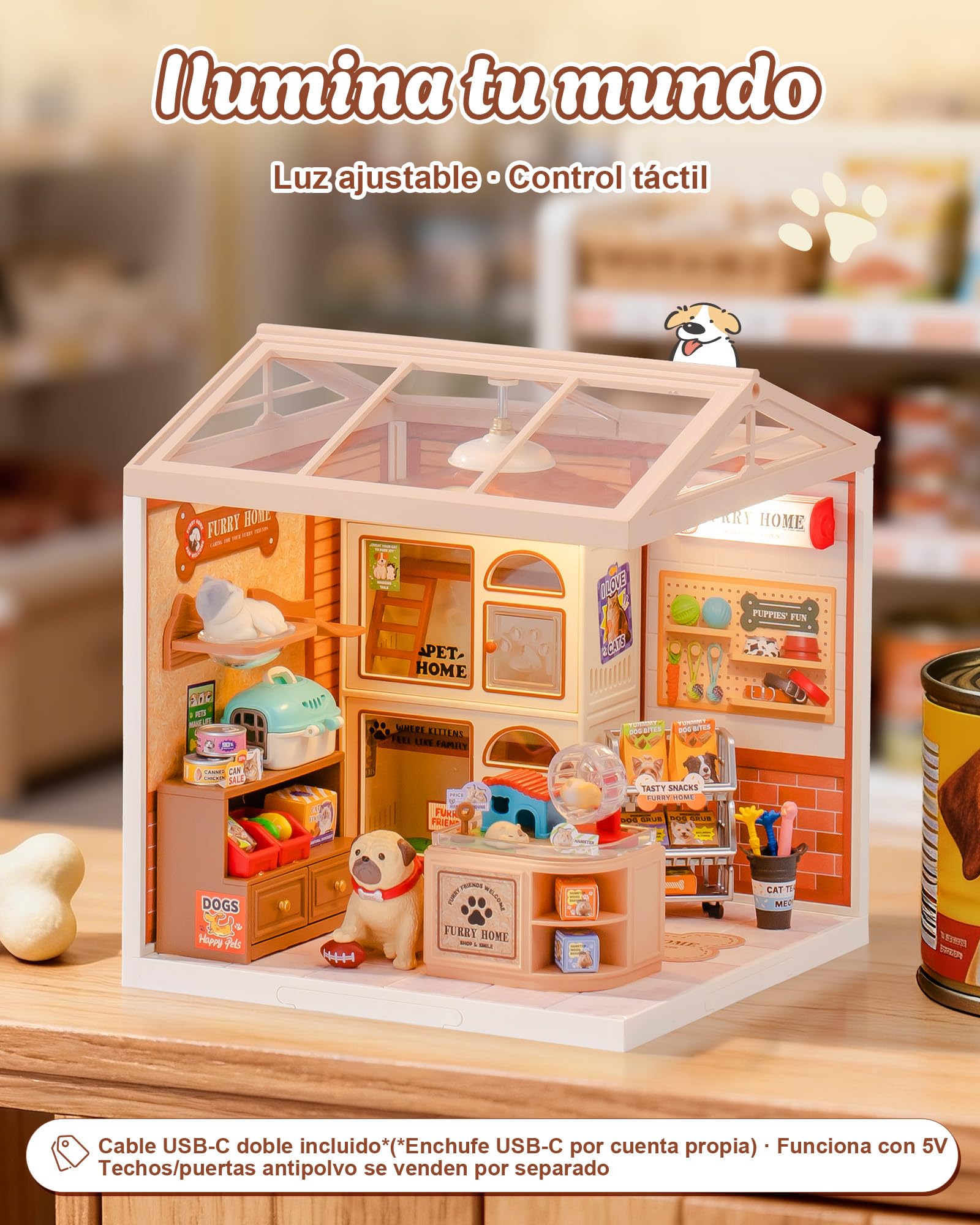 Rolife Super Creator Furry Friends' Home, Tienda de Mascotas DIY con Iluminación LED, Kit Sin Pegamento Modular, Casa de Muñecas Coleccionable, Regalo Original para Amante Animal