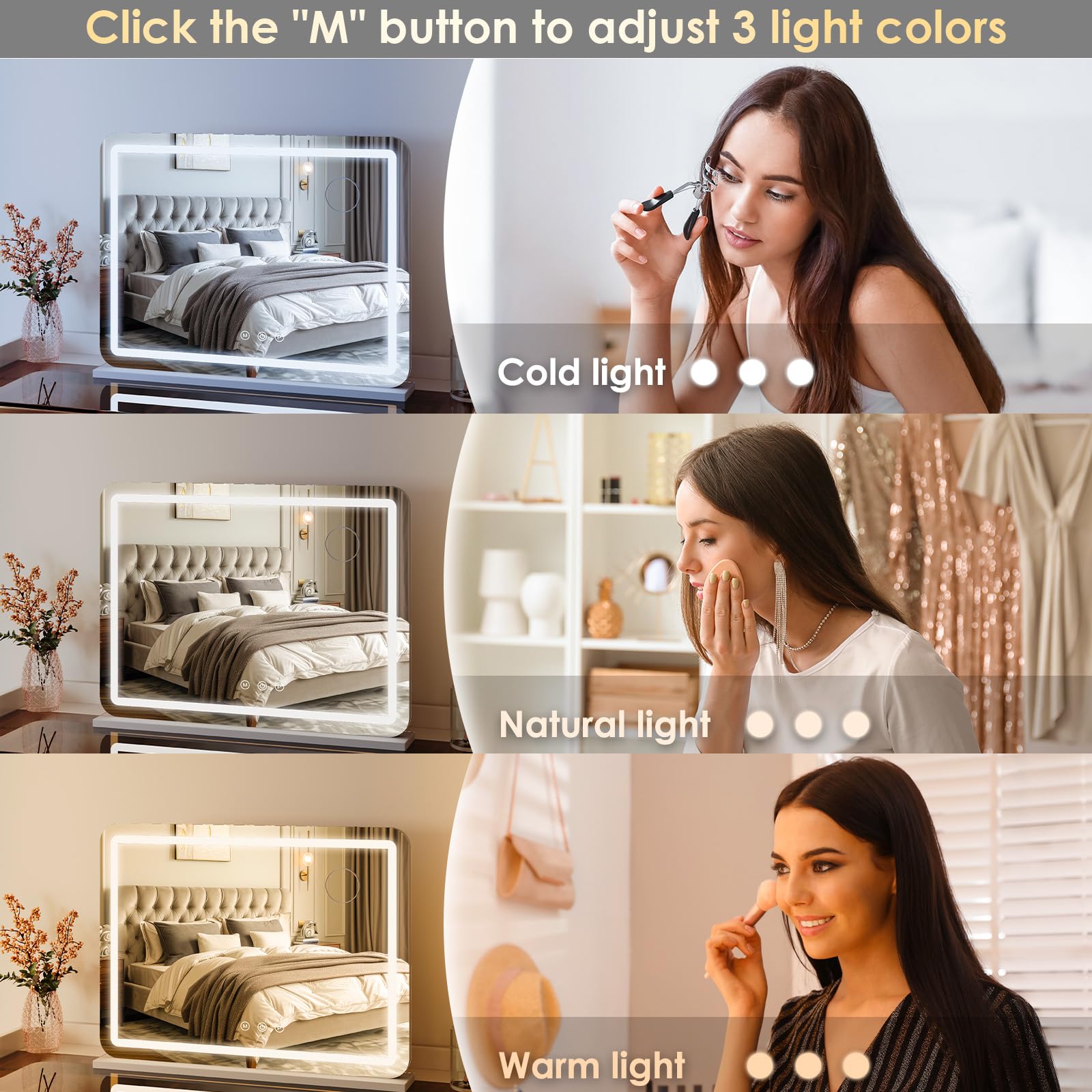 Hasipu Specchio da trucco con luci, 80 x 59,9 cm, specchio illuminante con 14 luci LED dimmerabili e ingrandimento 10x, 3 modalità colori, controllo touch, porta di ricarica USB, bianco