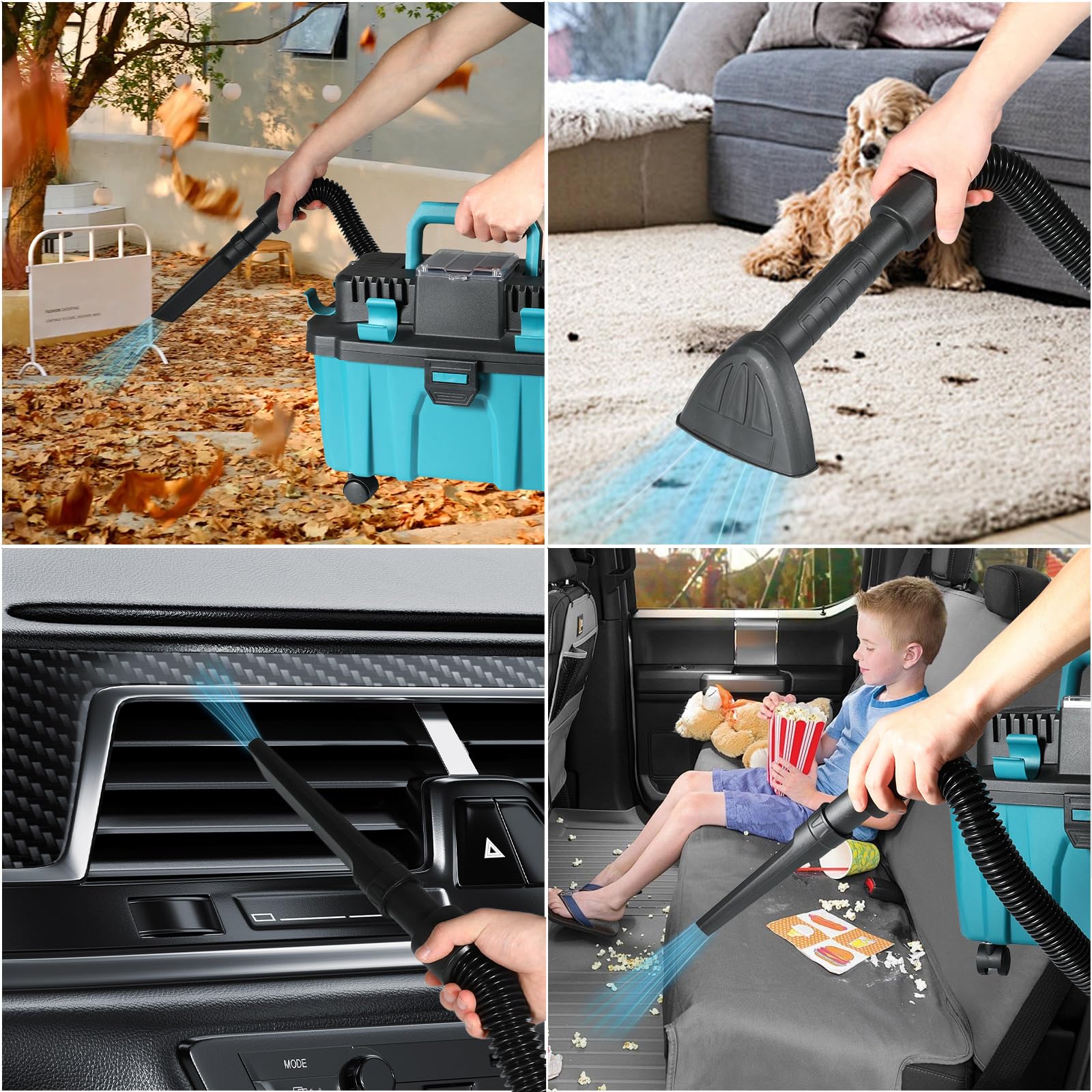 Aspiradora inalámbrica para batería Makita de 18 V, 15 Kpa con filtro HEPA, depósito de 10 litros, manguera de 2 m, boquilla para juntas/cepillos, sin escobillas, para casa coche y taller (no batería)