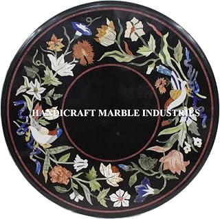 Round Black Marble Table Pietra Dura Birds Inlay Marquetry Design Italian Design Table Top Furniture, Entryway Outdoor Table, Garden Table