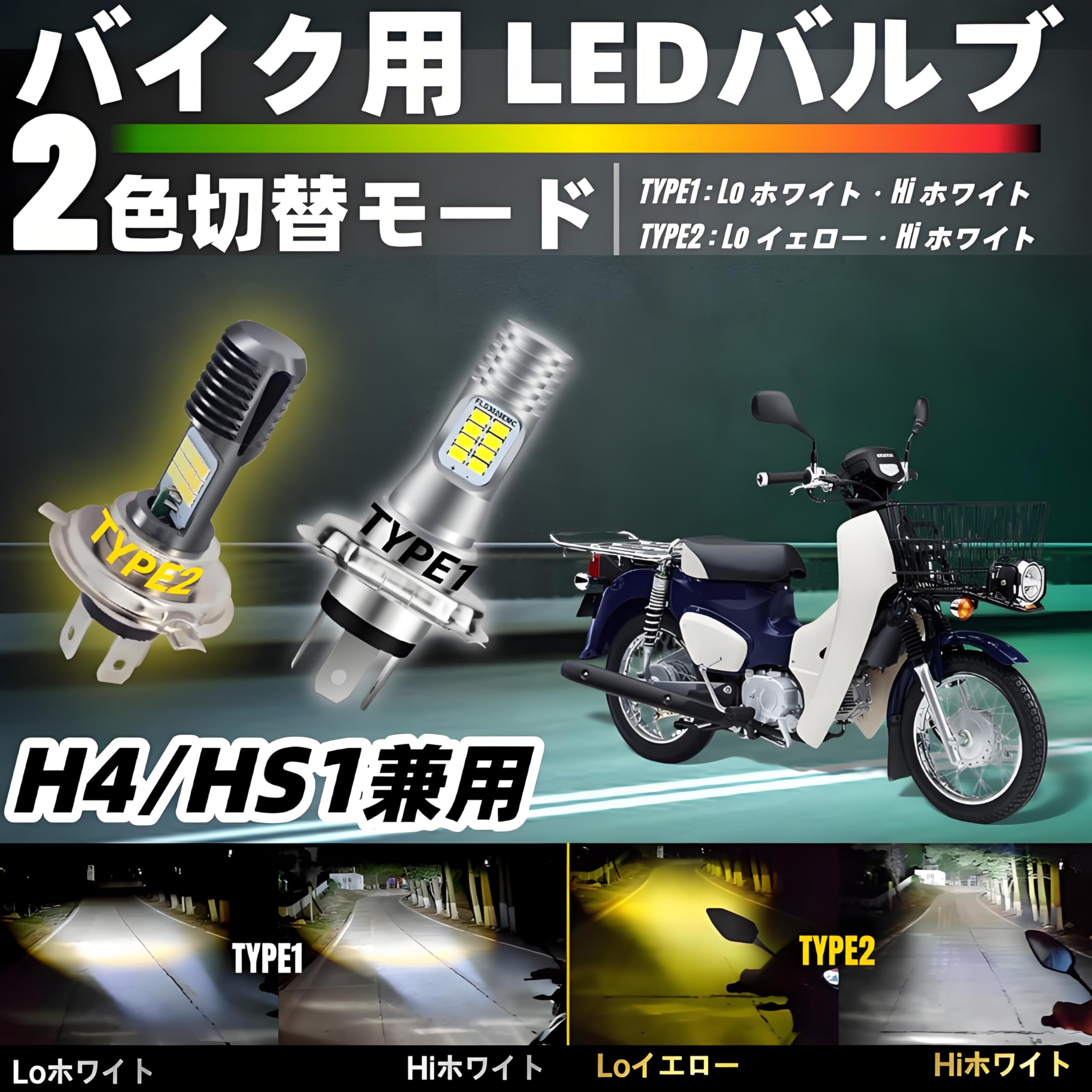 Amazon | H4/HS1 バイク用 LEDヘッドライト Hi/Lo切替 1800lm 6500K