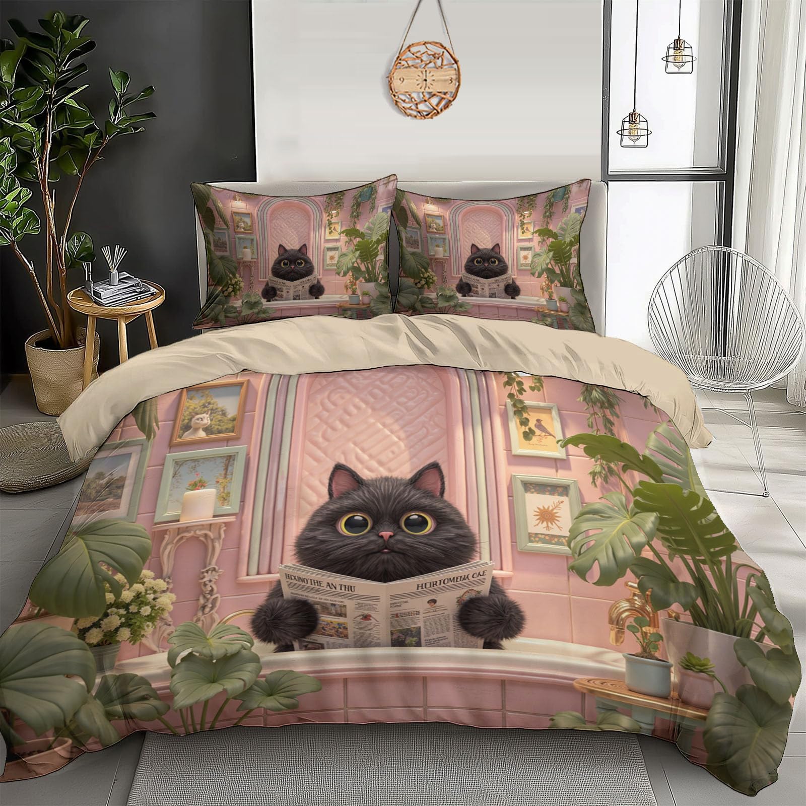Housse de Couette 200x200cm Enfant Vintage | Parure de Lit Chat Rose Réversible