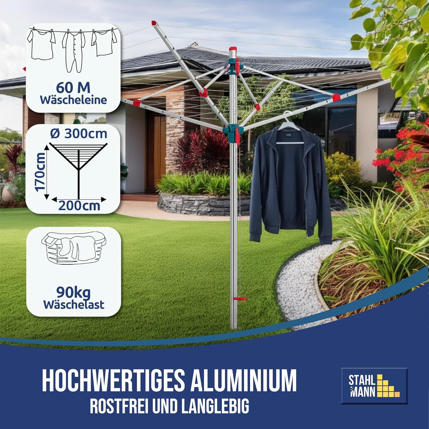 STAHLMANN® Wäschespinne draußen [Made IN Germany ] - Wäschespinne[60 M Leinenlänge] inkl. Bodenhülsen mit Deckel - höhenverstellbareWäschespinne aus hochwertigem Aluminium (60 Meter Leinenlänge)