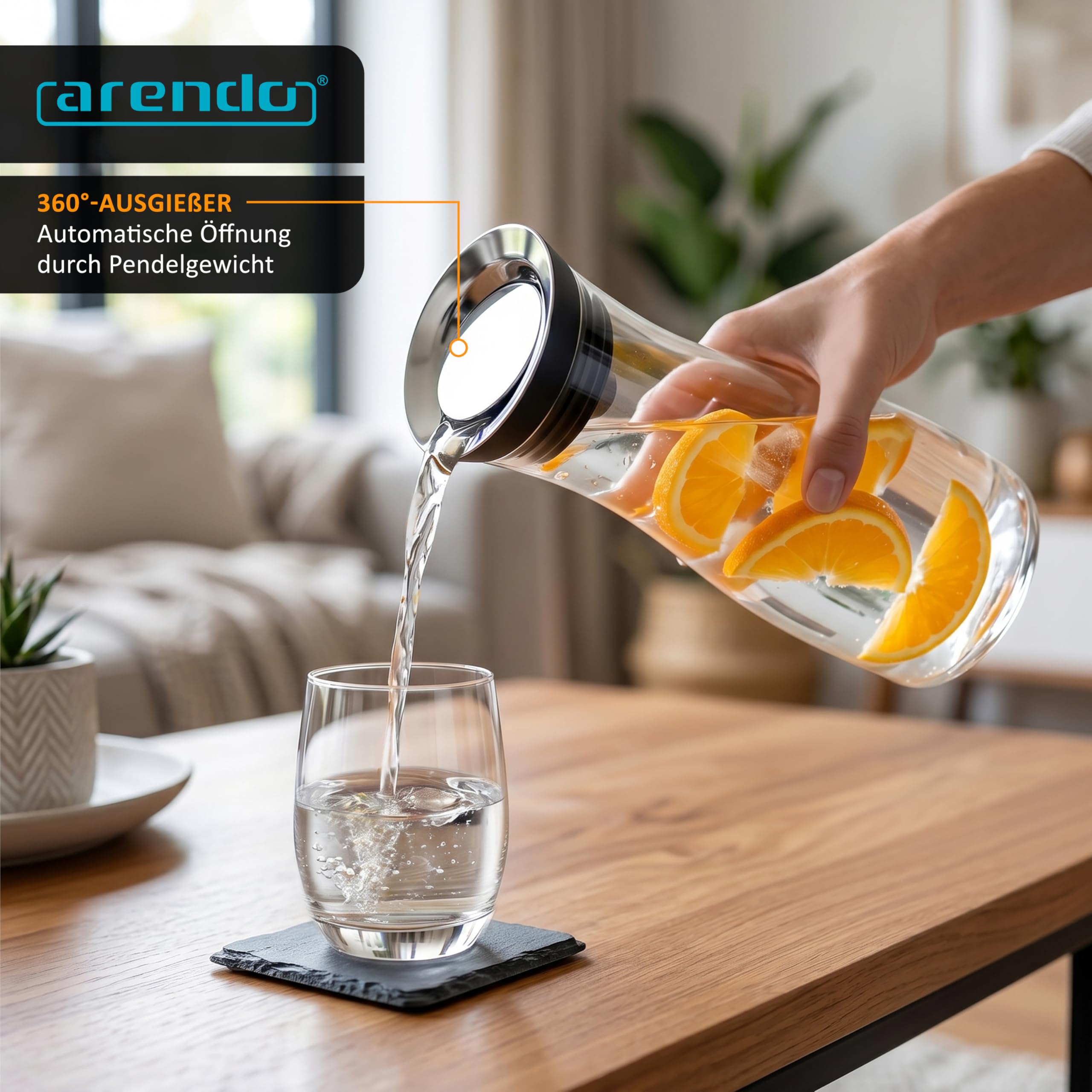 Arendo - Wasserkaraffe mit Deckel 1700 ml, Glaskaraffe mit Deckel und integriertem Grobfilter aus Edelstahl, Karaffe aus Borosilikatglas 1,7 L, Temperaturbereich –20 °C bis +150 °C