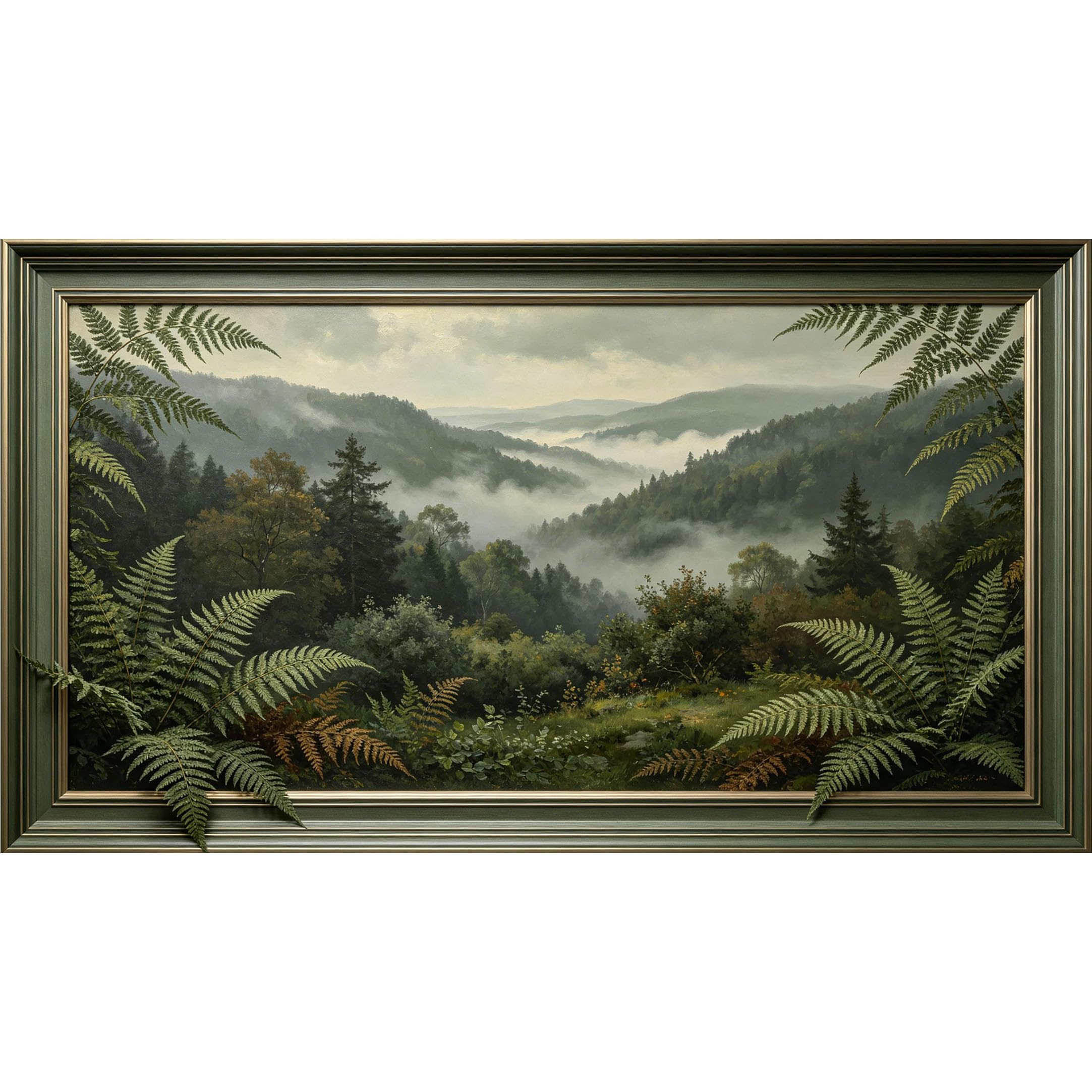 QZLITHOTIC 50x90cm3D Framed Wall Art， Misty Forest Landscape Botanical Fern Self‑Adhesive Mural， Water‑Activated Peel & Stick Fabric Decor Wall Decal for Bedroom Living Room