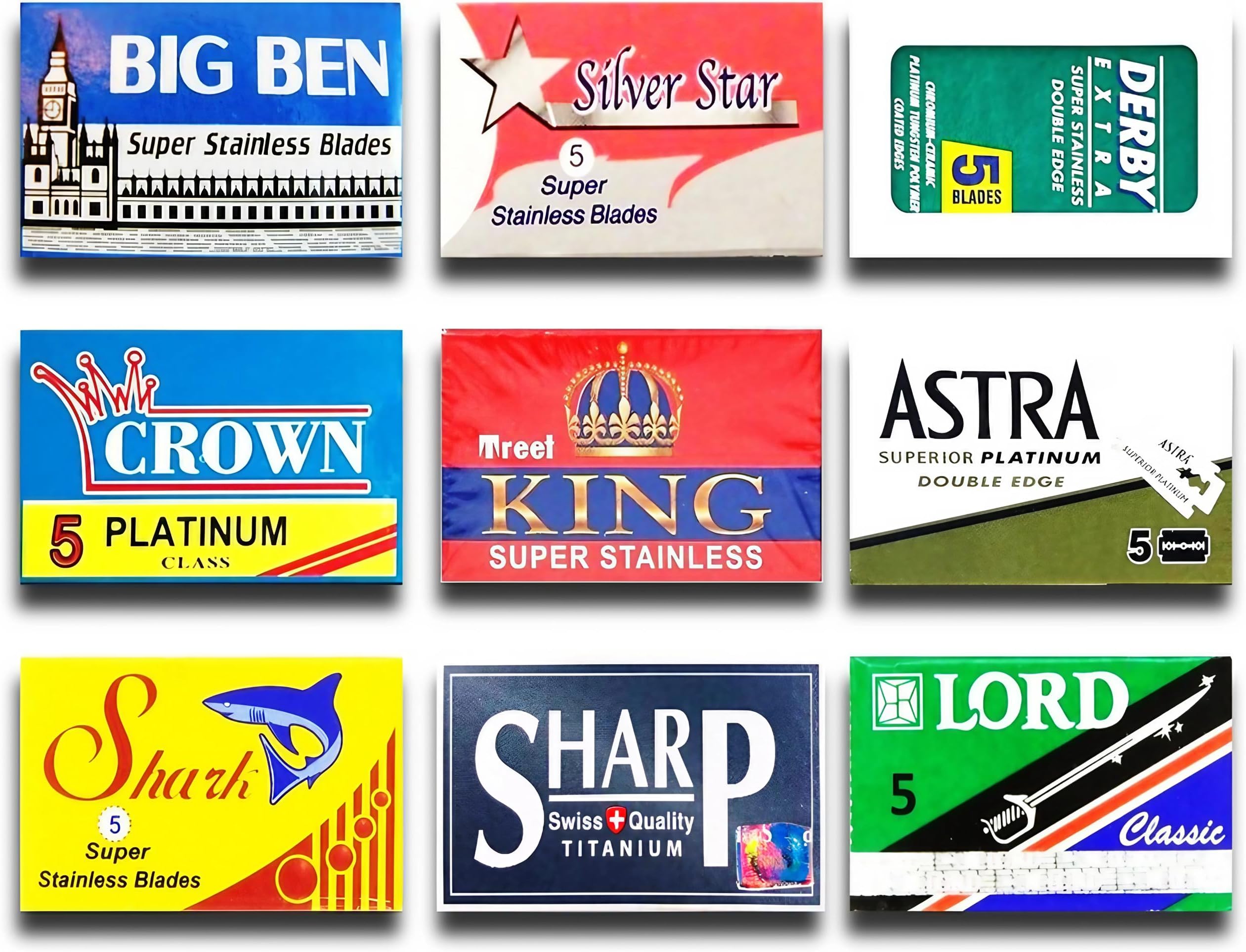 Razor Blades Club Astra-Derby-Shark-Lord-Treet-Voskhod-Big Ben 50 Quality Double Edge Sampler (9 different brands)
