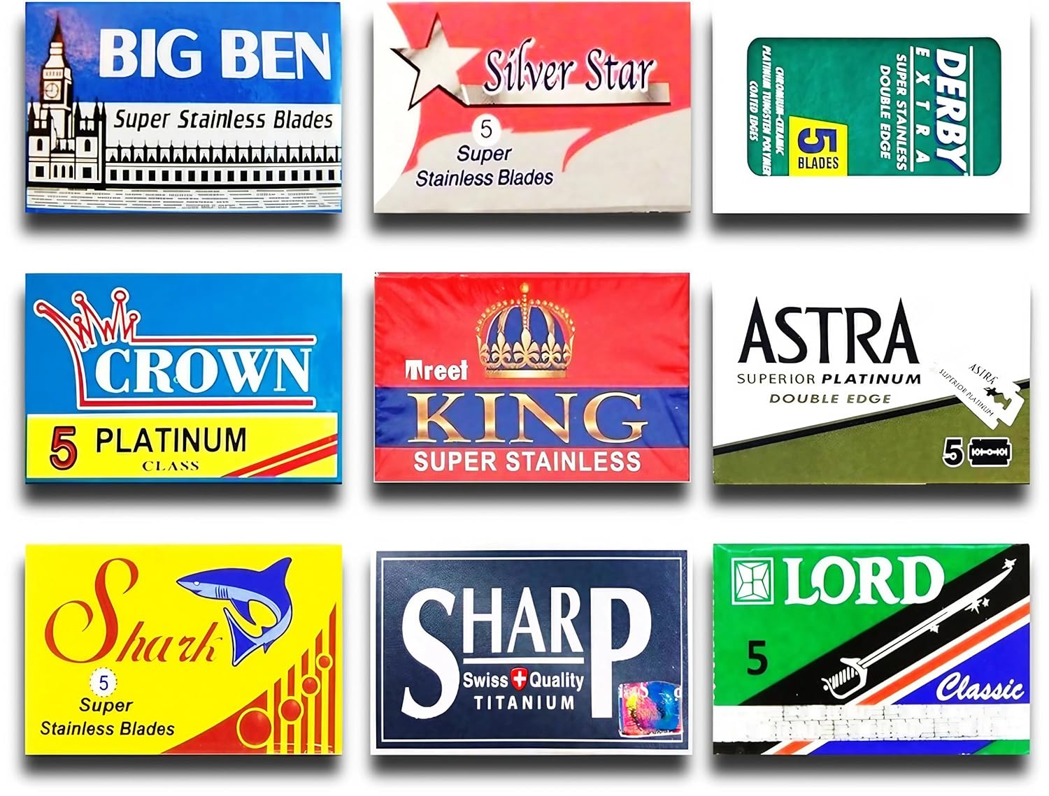 Razor Blades Club - Astra-Derby-Shark-Lord-Treet-Sharp-Big Ben 50 Quality Double Edge Razor Blades Sampler 9 different brands