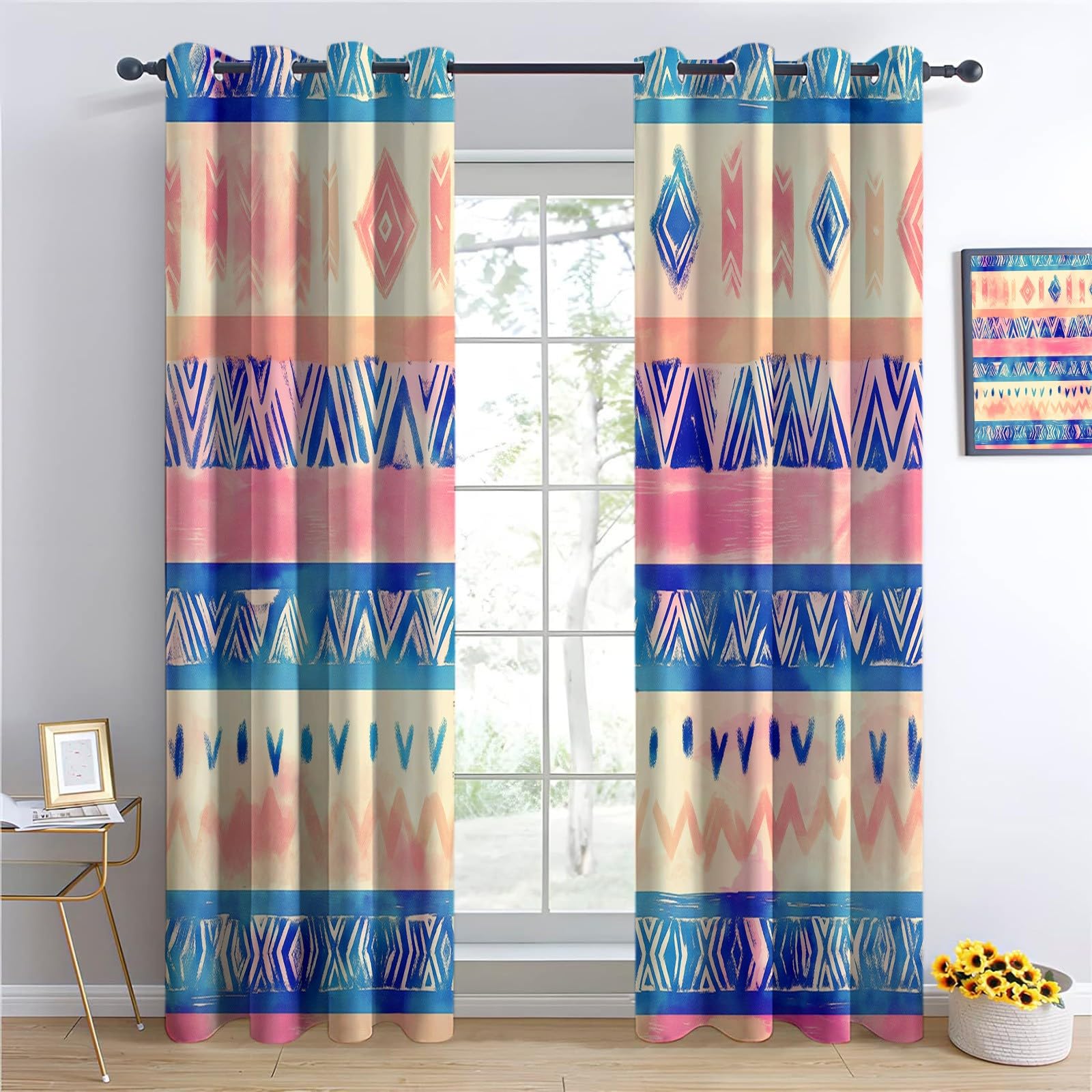 Izolowana termicznie zasłona zaciemniająca z oczkami 220 x 215 cm Bohemian Geometryczne wzory plemienne Anty Hałas Dekoracja zasłony do sypialni salonu, beżowa