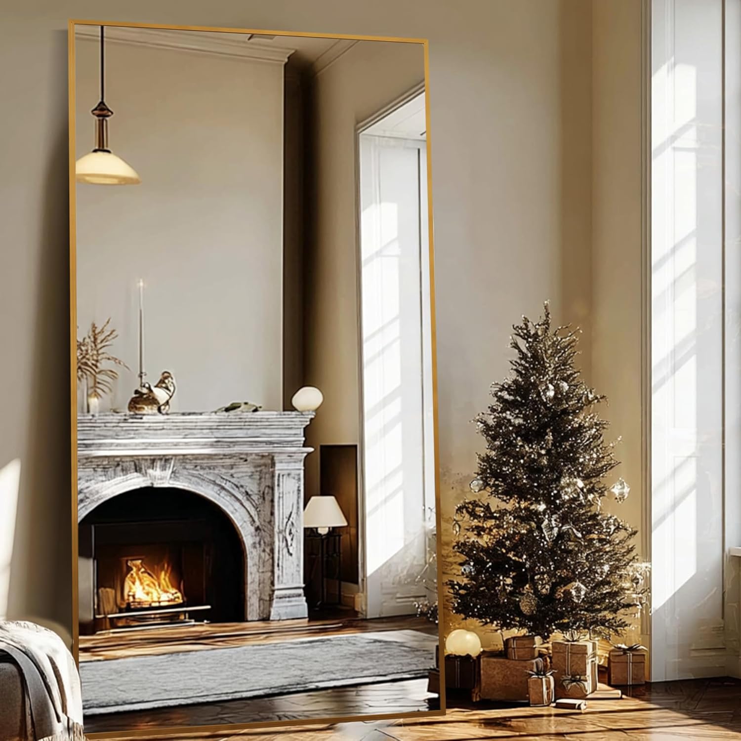Beauty4U 79" x 39" Large Full Length Mirror with Stand, Metal Frame Gold Wall Mounting Full Body Tempered Mirror for Living Room, Bedroom Gold-rect 79"L x 39"W