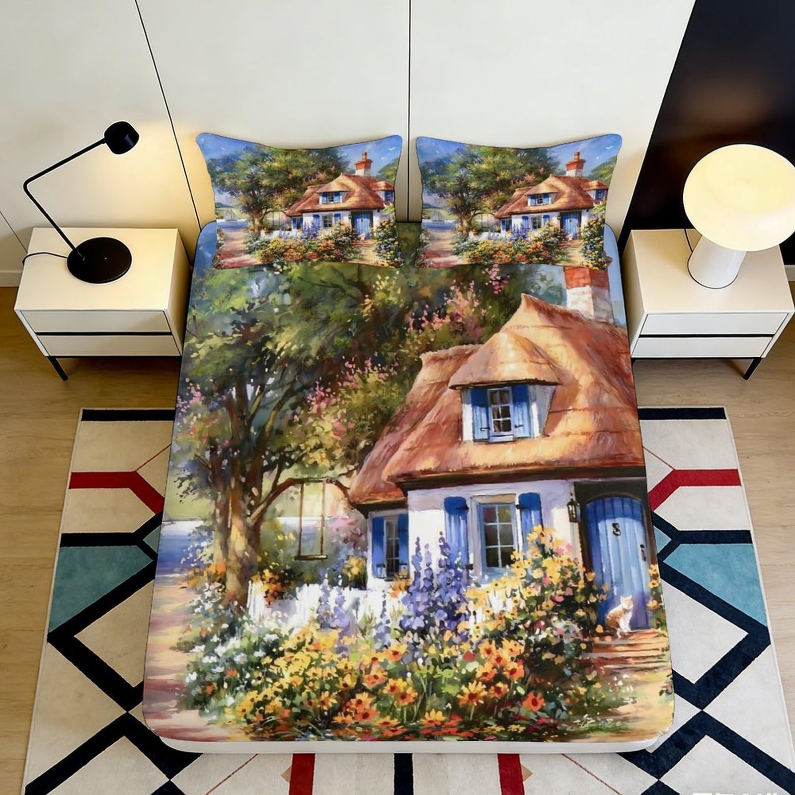 3D Printed Cottage Garden Fitted Sheet Microfiber Soft Durable Countryside Floral Bed Cover for Bedroom Dormitory Guest Room Mattress Protection 180x200x25cm