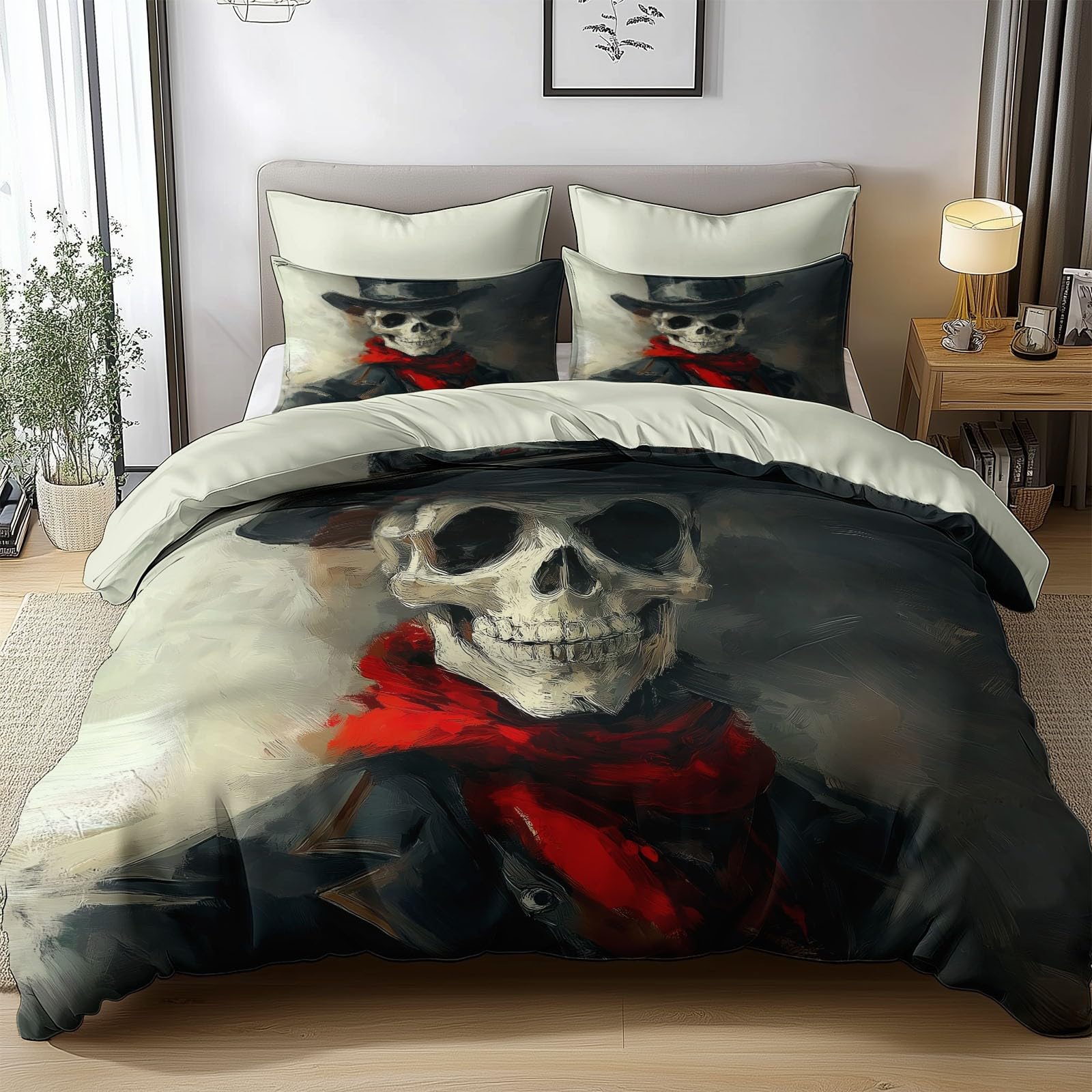 Poszwa na kołdrę 200 x 200 cm gotycki kostium z czaszką 2-osobowy zestaw pościeli z mikrofibry dla dorosłych z zamkiem błyskawicznym, niebiesko-szary zestaw pościeli 2 poszewki na poduszki 65x65cm