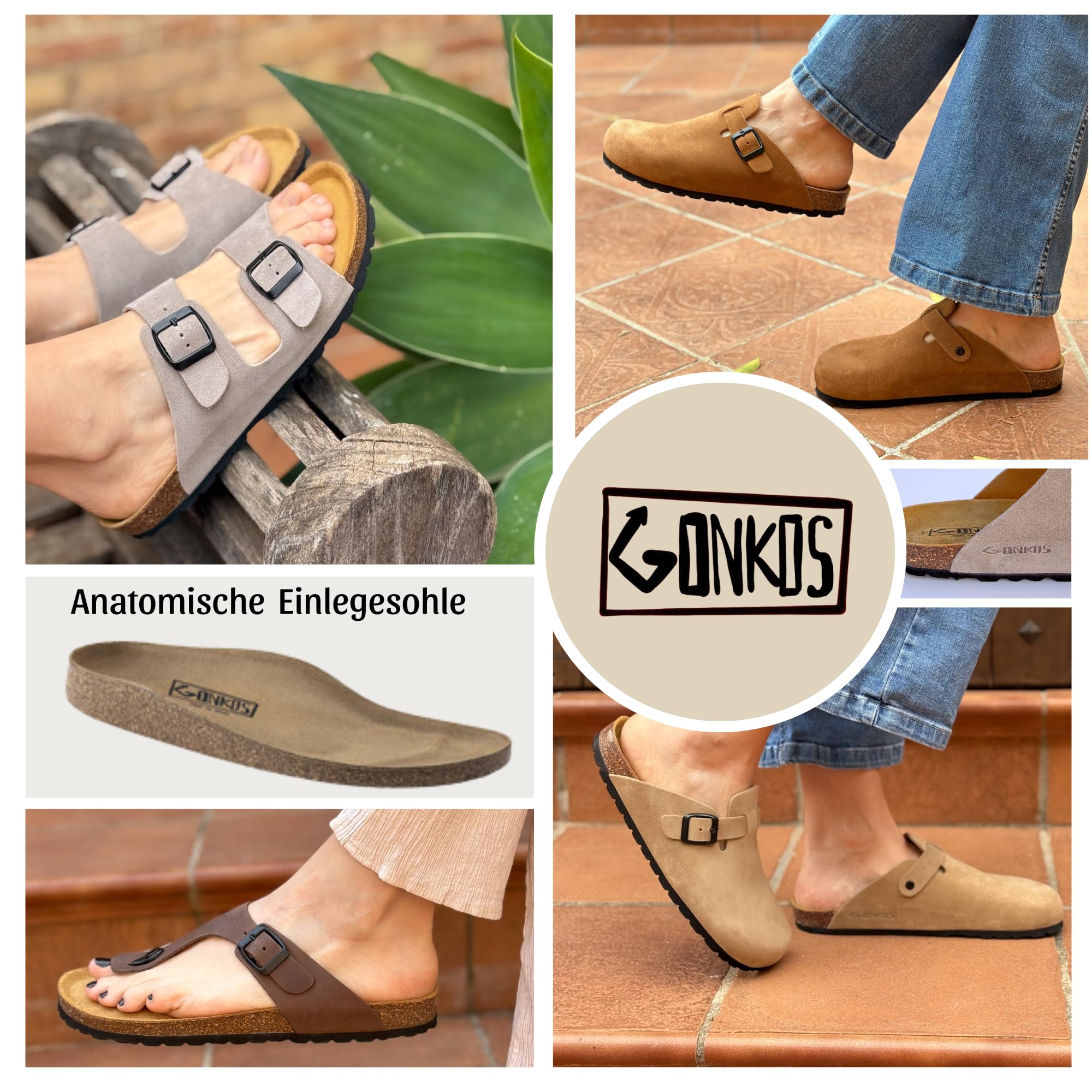 Lederclogs mit Kork Einlegesohle, Echtes Leder, Naturkork, verstellbare Schnalle am Fuß, Herren/Damen Sandalen, rutschfeste Eva-Sohle, Qualitätssandalen Made in Spain