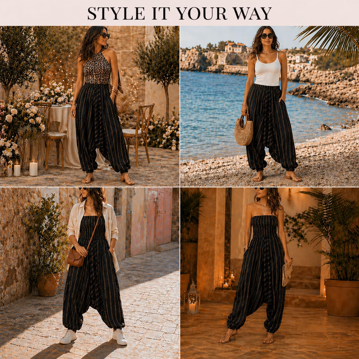 likemary Tuta Jumpsuit Donna in Cotone Stile Harem - Tirare giu e Trasformare in Pantaloni Harem - 2-in-1 Vestito - Tuta Intera Estiva & Pantaloni Harem con Tasche Ideale Per Le Vacanze