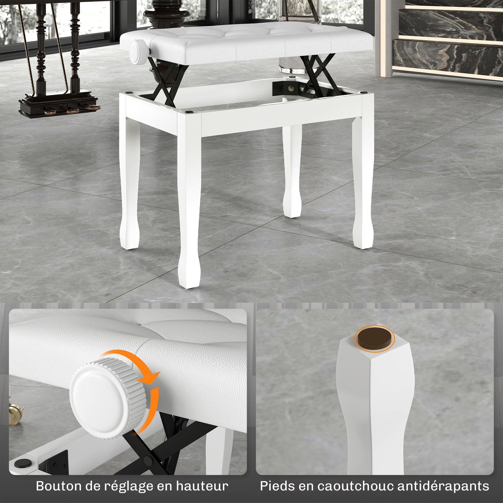 HOMCOM Banc de Piano, Banc de Clavier réglable en Hauteur en Bois Massif, Tabouret Piano avec siège rembourré polyuréthane à 10 Boutons, Stable et antidérapant, Charge 200kg, Blanc