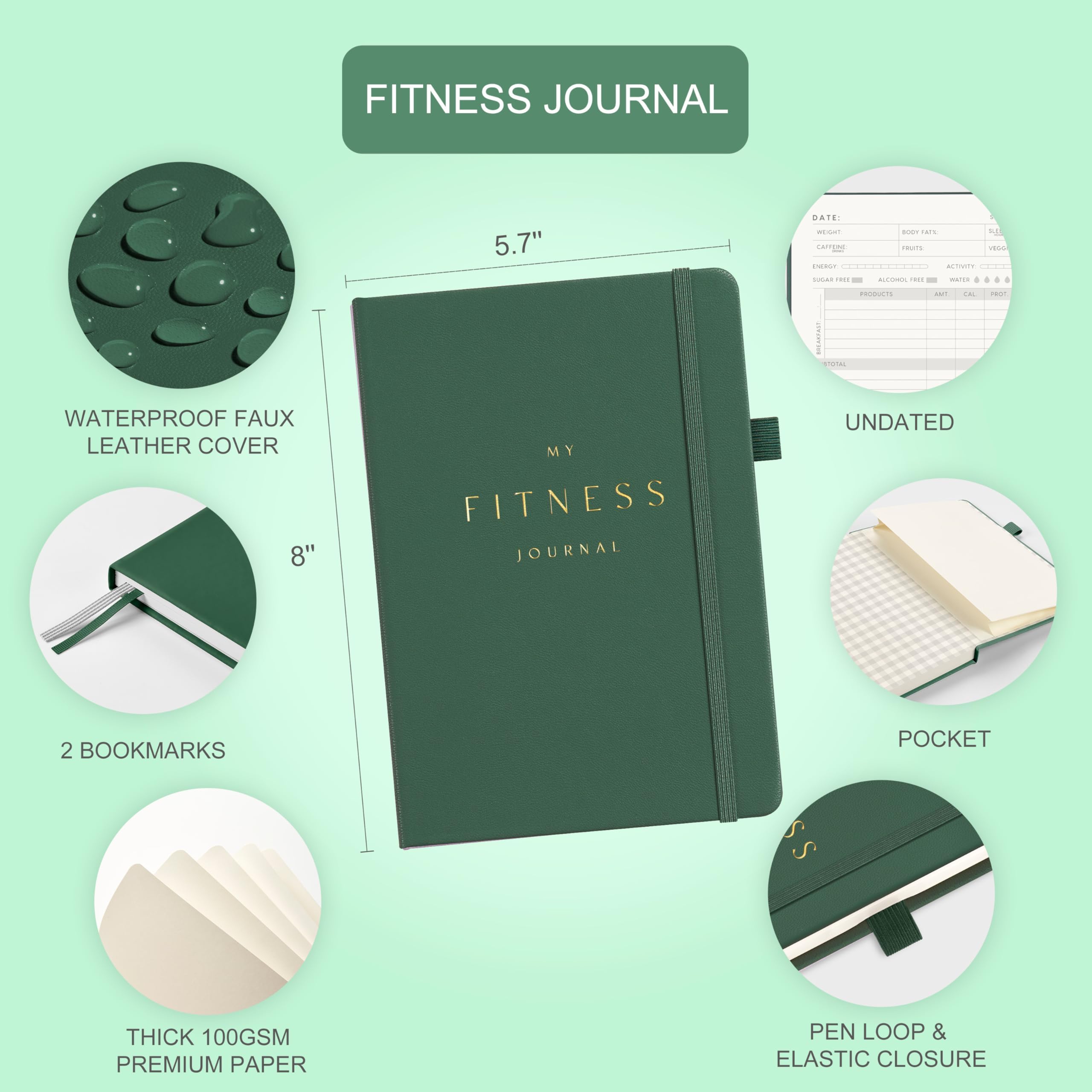 &And Per Se Dziennik fitness dla mężczyzn i kobiet, planer dziennika treningowego z codzienną dietą i ćwiczeniami na siłowni, monitor treningowy, bez daty, rozmiar A5, skórzana twarda okładka, leśna