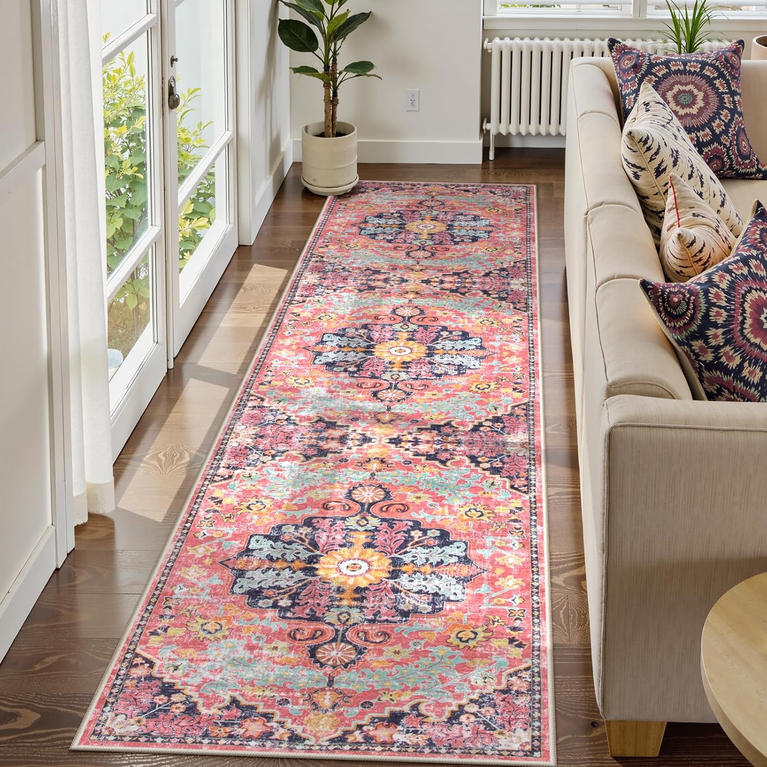 Lahome Reine Boho 2'8"x10' Washable Hallway Kitchen Runner Rugs with Rubber Backing, Bohemian Non-Slip Soft Kitchen Runners, Non-Shedding Stair Carpet Runner for Hall Bathroom, Fuchsia/Multi