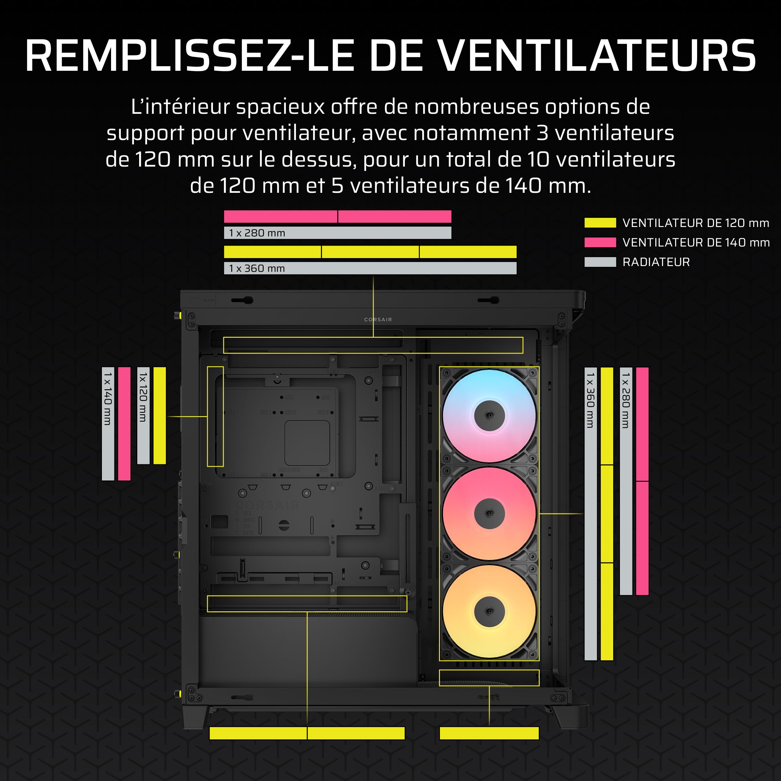 CORSAIR Frame 4500X RS-R ARGB Boîtier PC Moyen-Tour en Verre Panoramique – Système de Fixation du Ventilateur InfiniRail, Peut Accueillir Deux Radiateurs de 360 mm, 3X Ventilateurs RS120-R – Noir