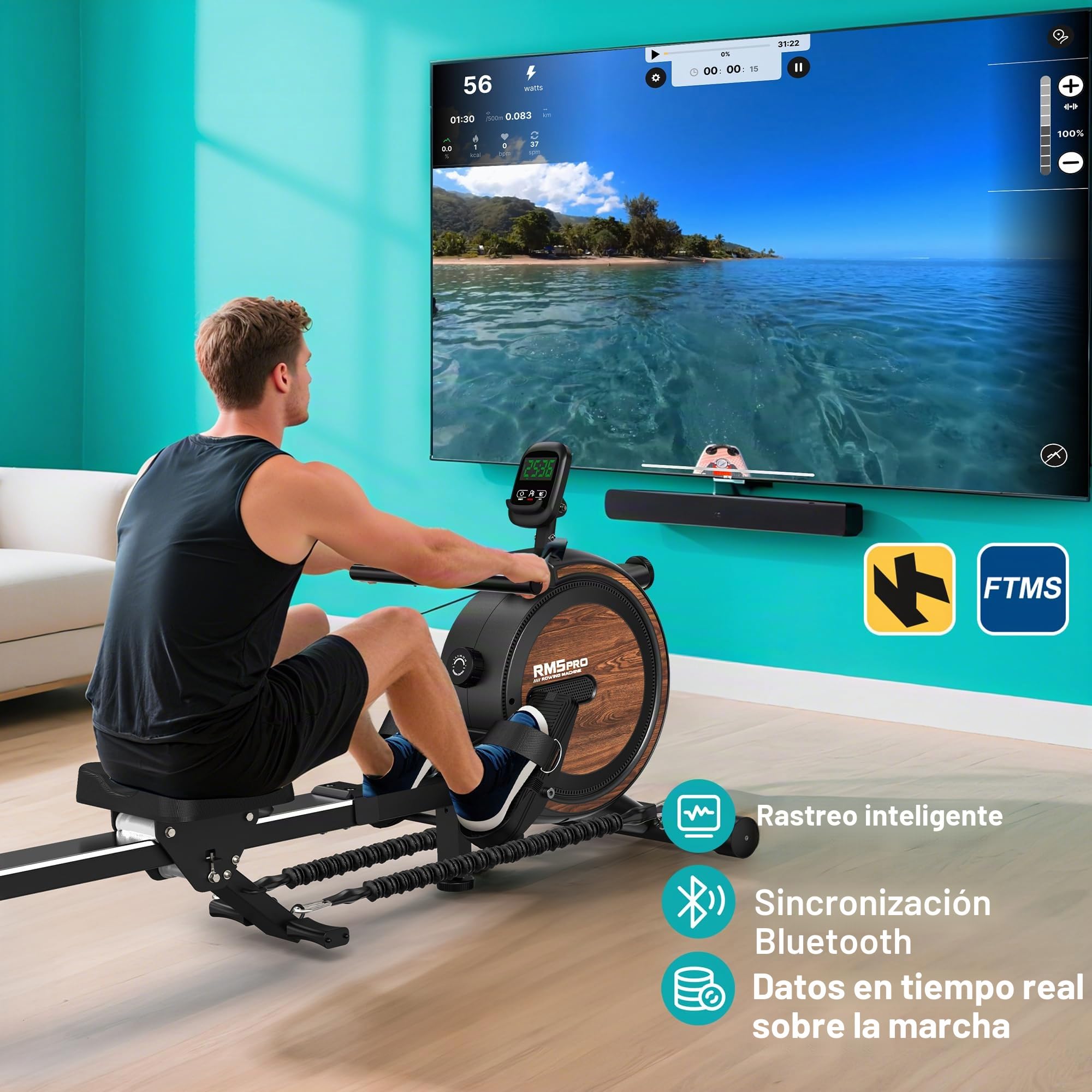Máquina de Remo Plegable para el Hogar Combinada con Entrenamiento de Fuerza, Máquina de Remo Magnética con Bluetooth y Resistencia Ajustable de 16 Niveles