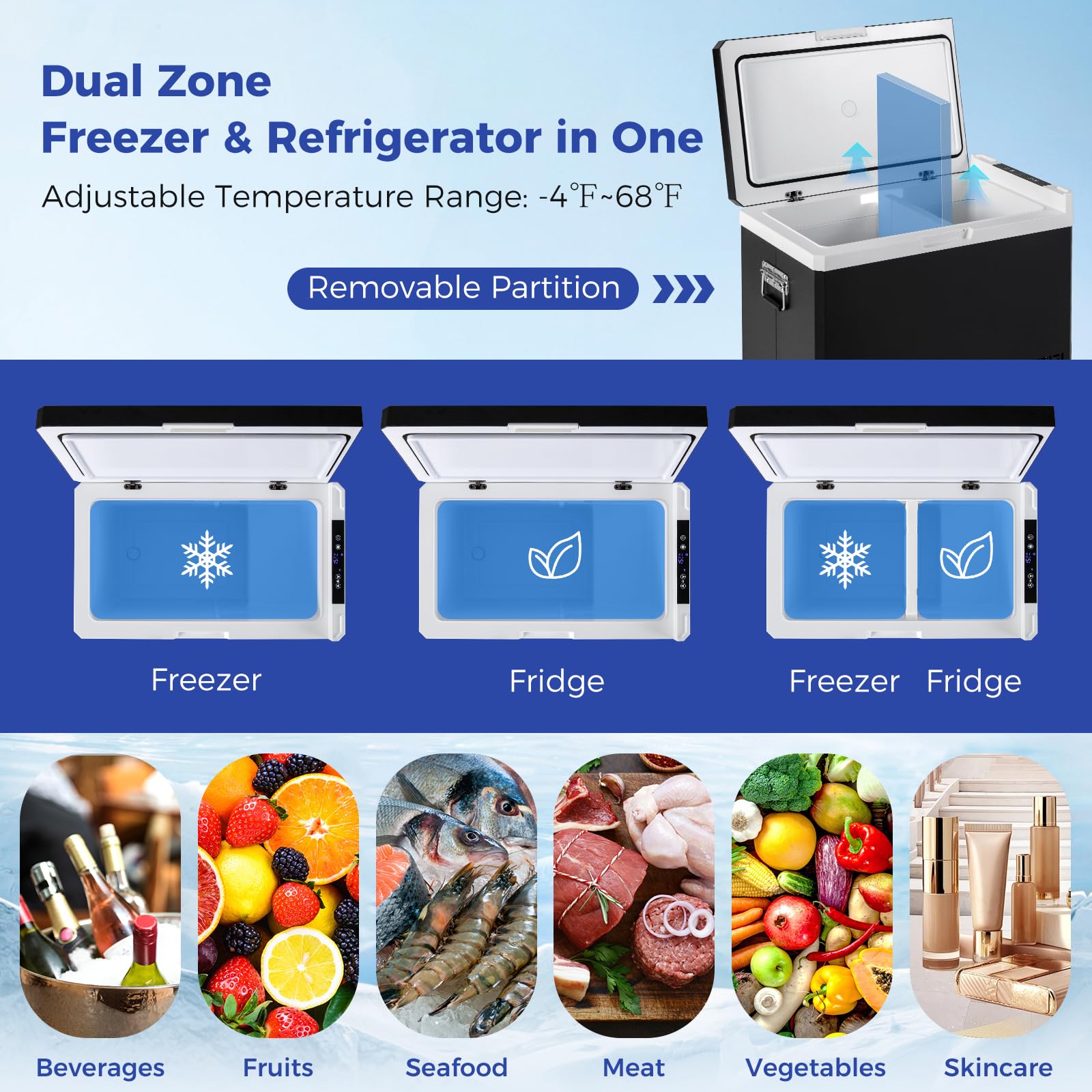 COSTWAY Portable Car Refrigerator, 53-Quart Dual-Zone Electric Cooler with Independent Temperature Control -4?~68?, 12/24V DC & 110-240V AC, ECO/MAX Mode, Car Fridge Freezer for Camping Travel, Black