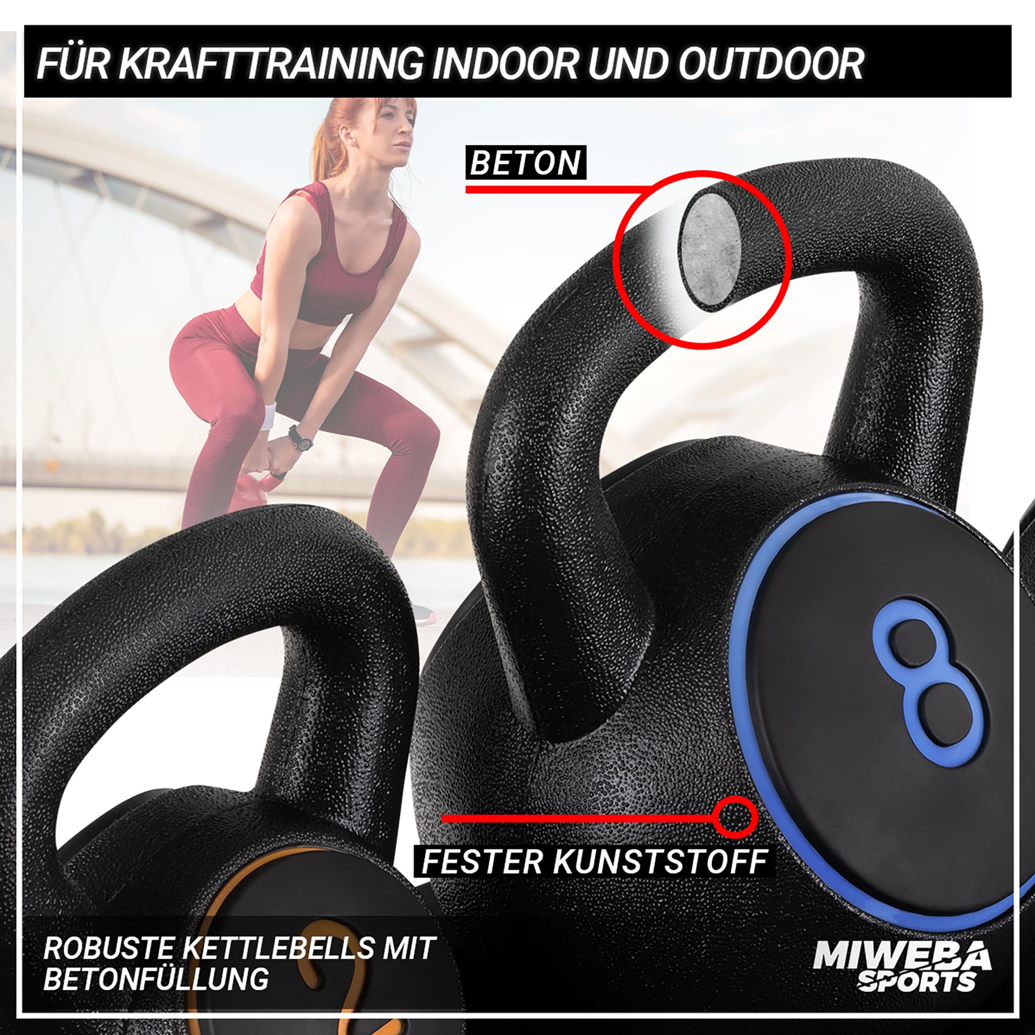 Miweba Sports Kettlebell | Hanteln Set - Gewichte 2 | 4 | 8 kg - Kettlebell Set - Hantel Set - Kettlebells - Fitness Zubehör inkl. Ablage - Krafttraining - Kugelhantel - Kugelgewicht - Schwunghanteln
