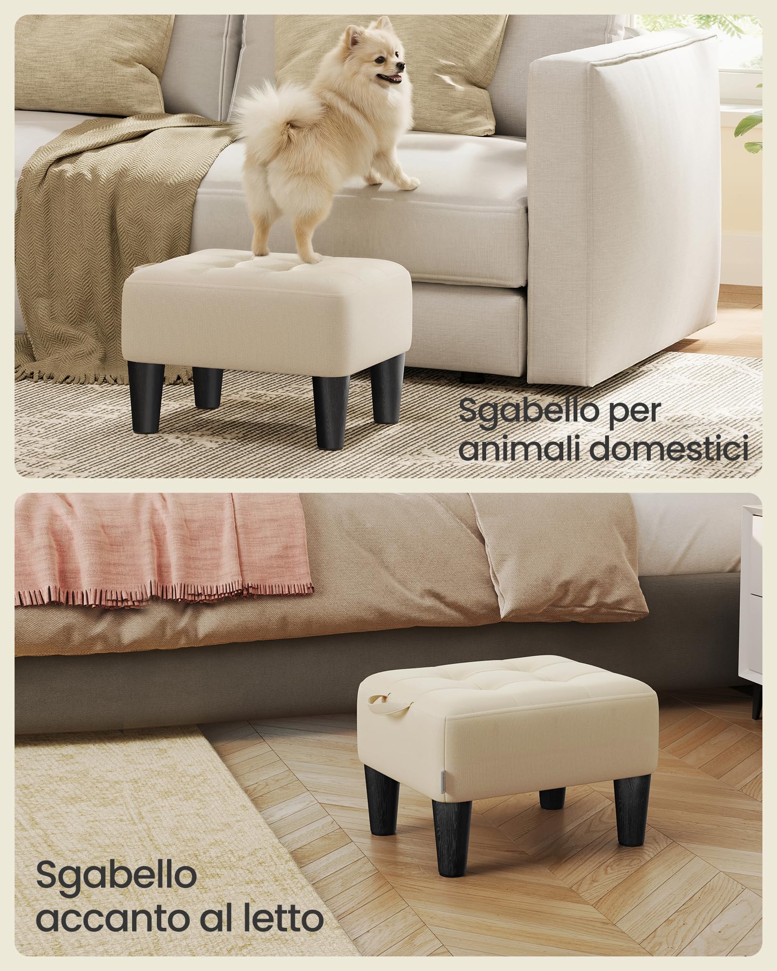 SONGMICS Sgabello Poggiapiedi, Pouf Contenitore in Tessuto Simil Lino, Imbottitura Spessa, Portata fino a 150 kg, per Soggiorno, Camera da Letto, Ingresso, Beige Sabbia e Nero Inchiostro LOM502LF01