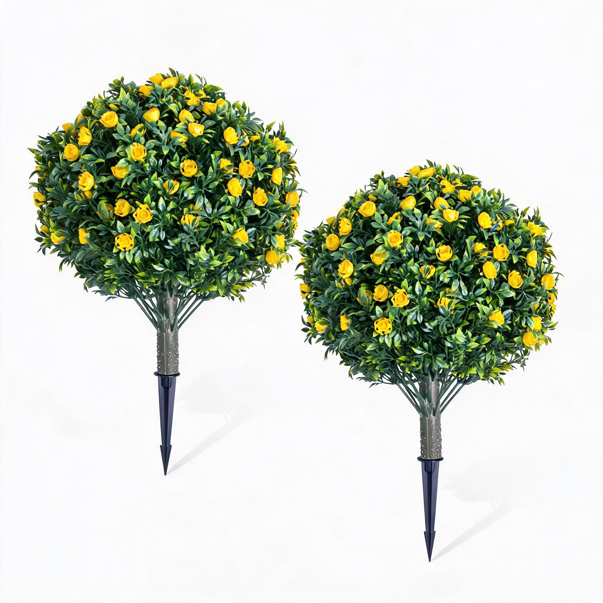 Artificial Topiary Ball Trees Set of 2–Golden Bloom Flower Balls, 23.6"Lifelike PE Fake Plants with Ground Spike&Metal Stakes,UV Resistant,Maintenance-Free Decorative Shrubs,60x40cm,2 Yellow Flowers