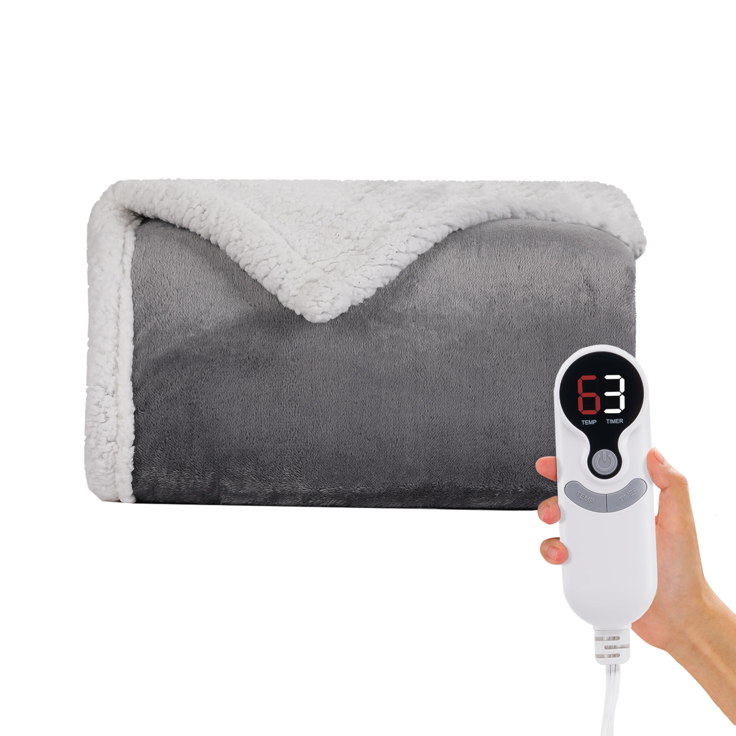 Heated Blanket Electric Throw 50''x60'', 3 Hour Auto Shut-Off 6 Heating Levels Small Warm Soft Flannel Electric Blanket Machine Washable - Light Grey